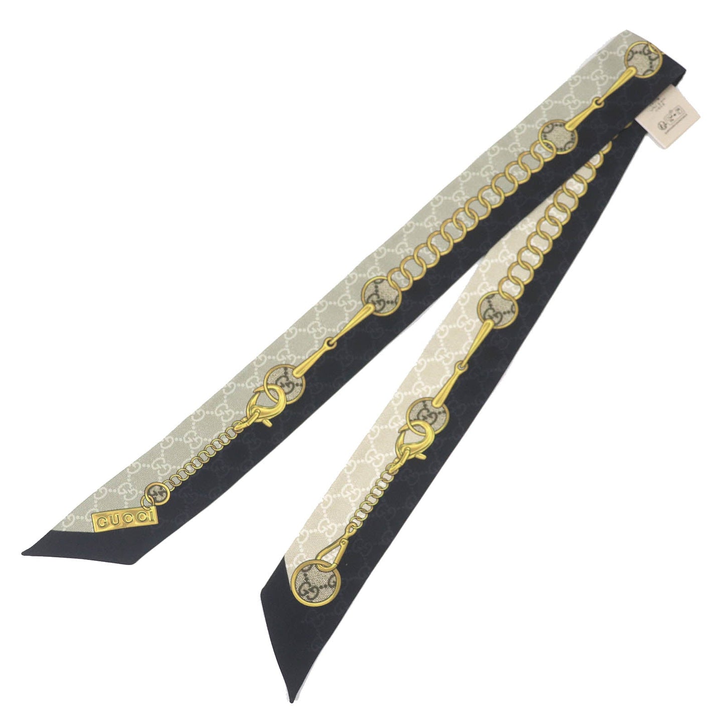 GUCCI scarf 774819 Main: 100% silk Black beige GG Chain Horsebit Print Silk Neck Bow Women Used