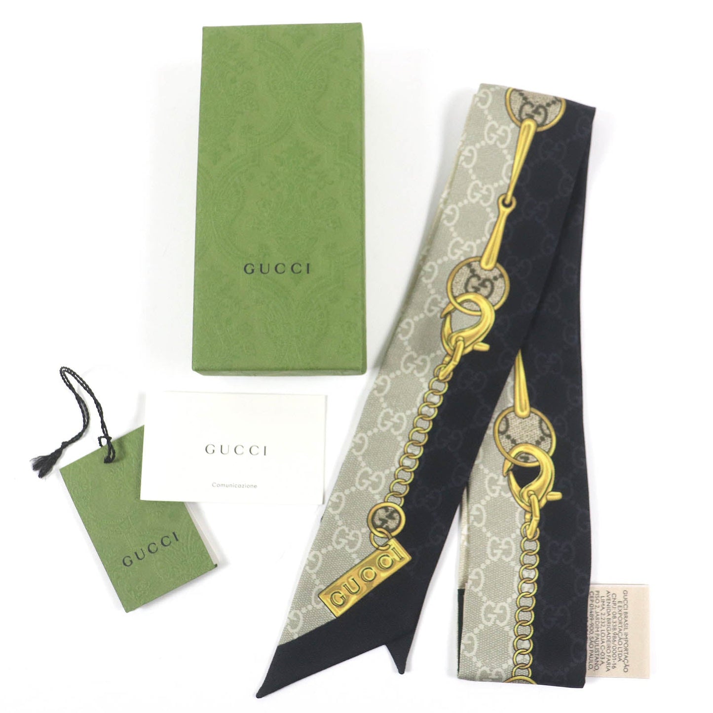 GUCCI scarf 774819 Main: 100% silk Black beige GG Chain Horsebit Print Silk Neck Bow Women Used