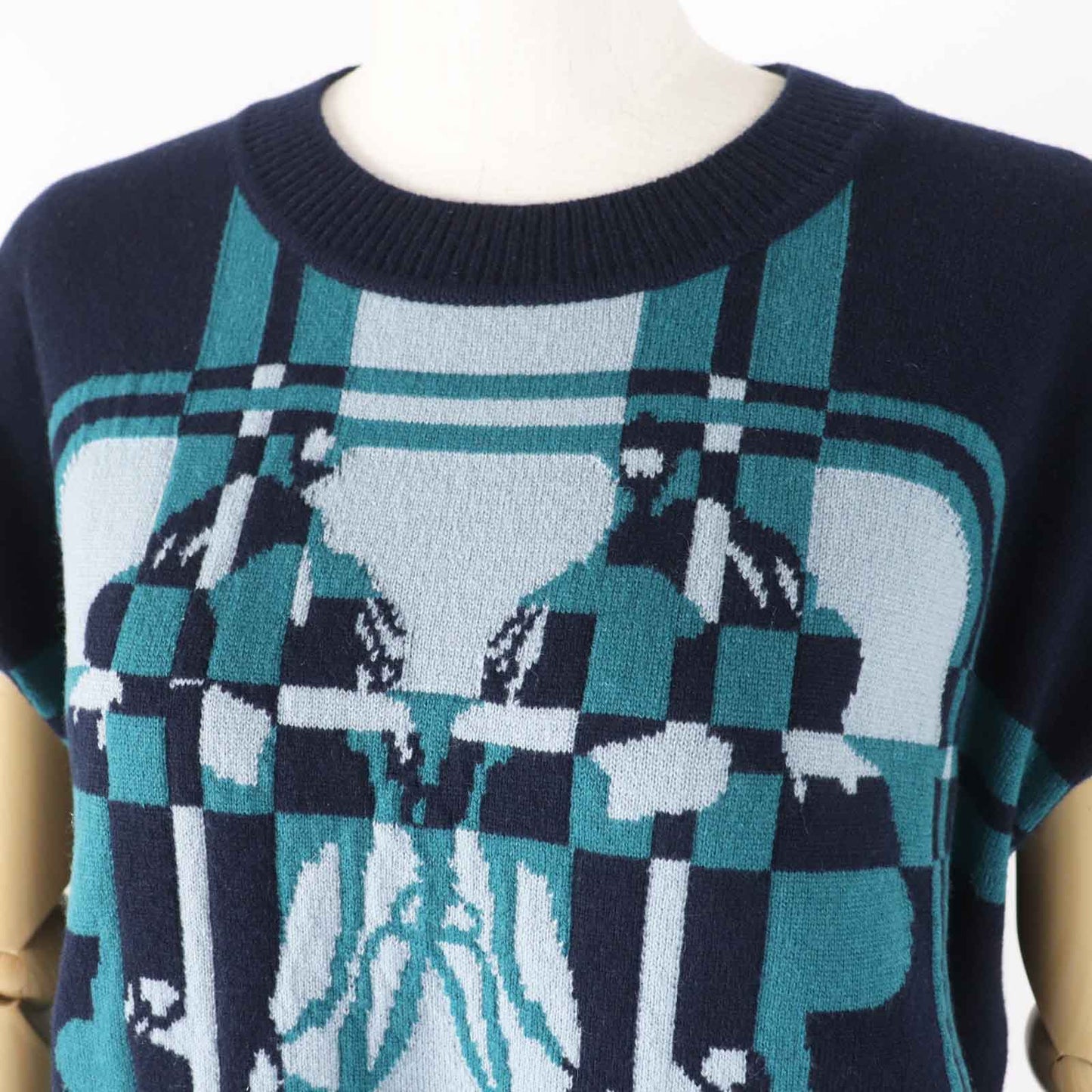 HERMES knit 3H2608DD Main: 100% cashmere Dark Navy Green BRIDES de GALA Tartan ceremonial bridle Women 38 Used