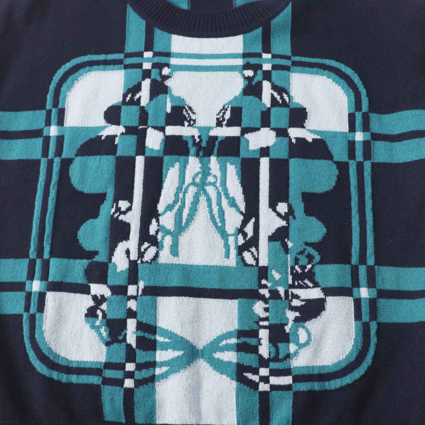 HERMES knit 3H2608DD Main: 100% cashmere Dark Navy Green BRIDES de GALA Tartan ceremonial bridle Women 38 Used