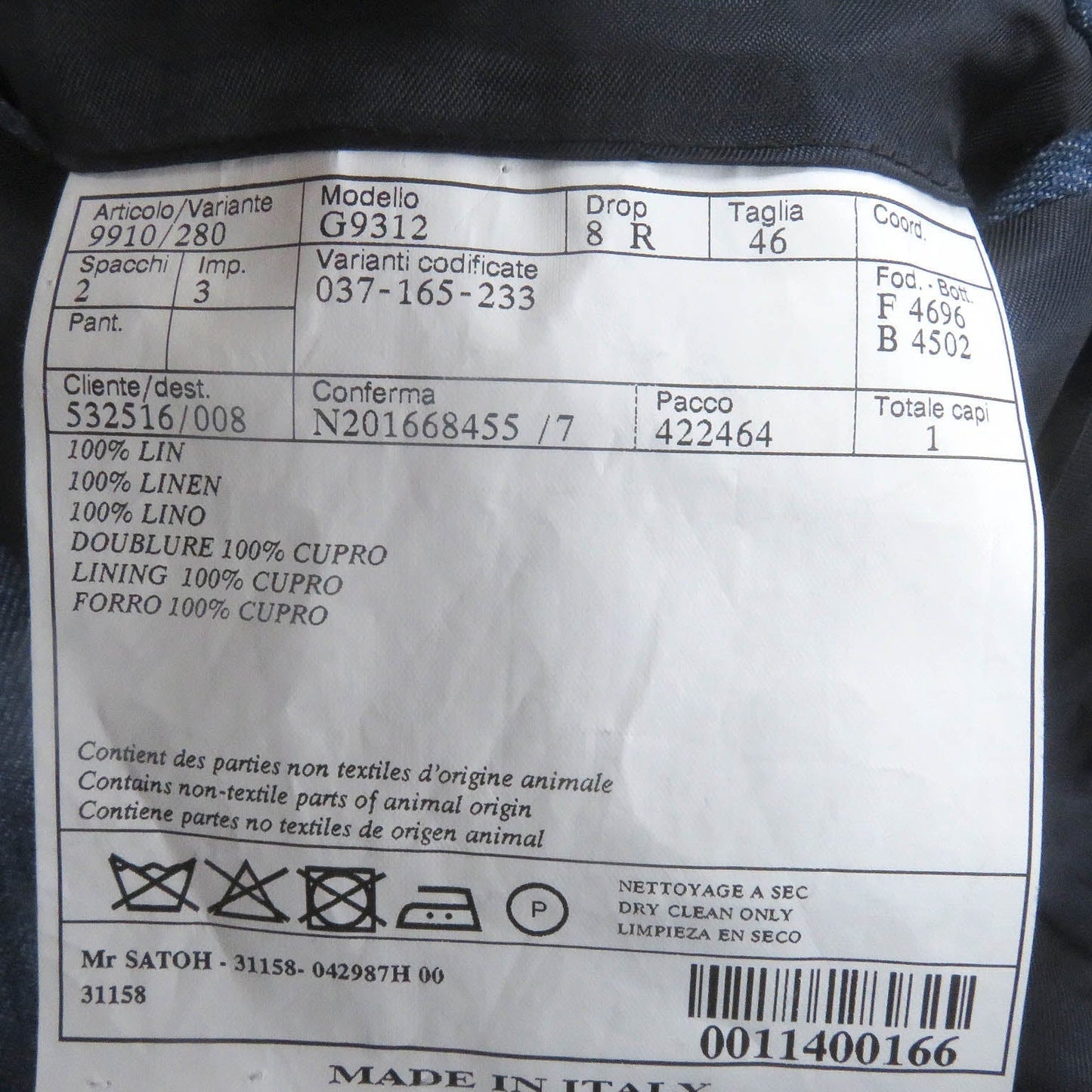 HERMES tailored jacket Outer: 100% linen, lining: 100% cupra blue mens 46 Used