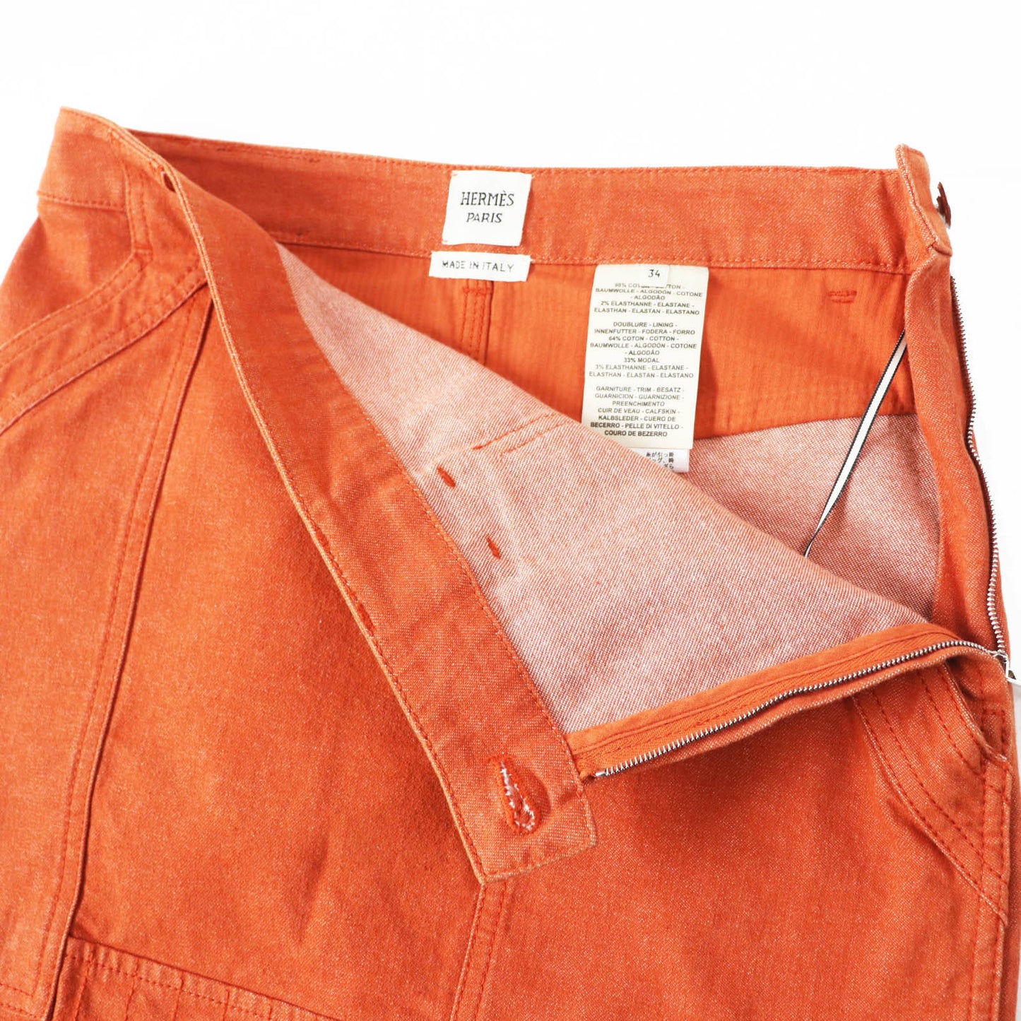 HERMES skirt 2E0350DQ Outer: 98% cotton, Outer: 2% polyurethane, Lining: 64% cotton, Lining: 33% rayon, Lining: 3% polyurethane Orange Crude cell Women 34 Used