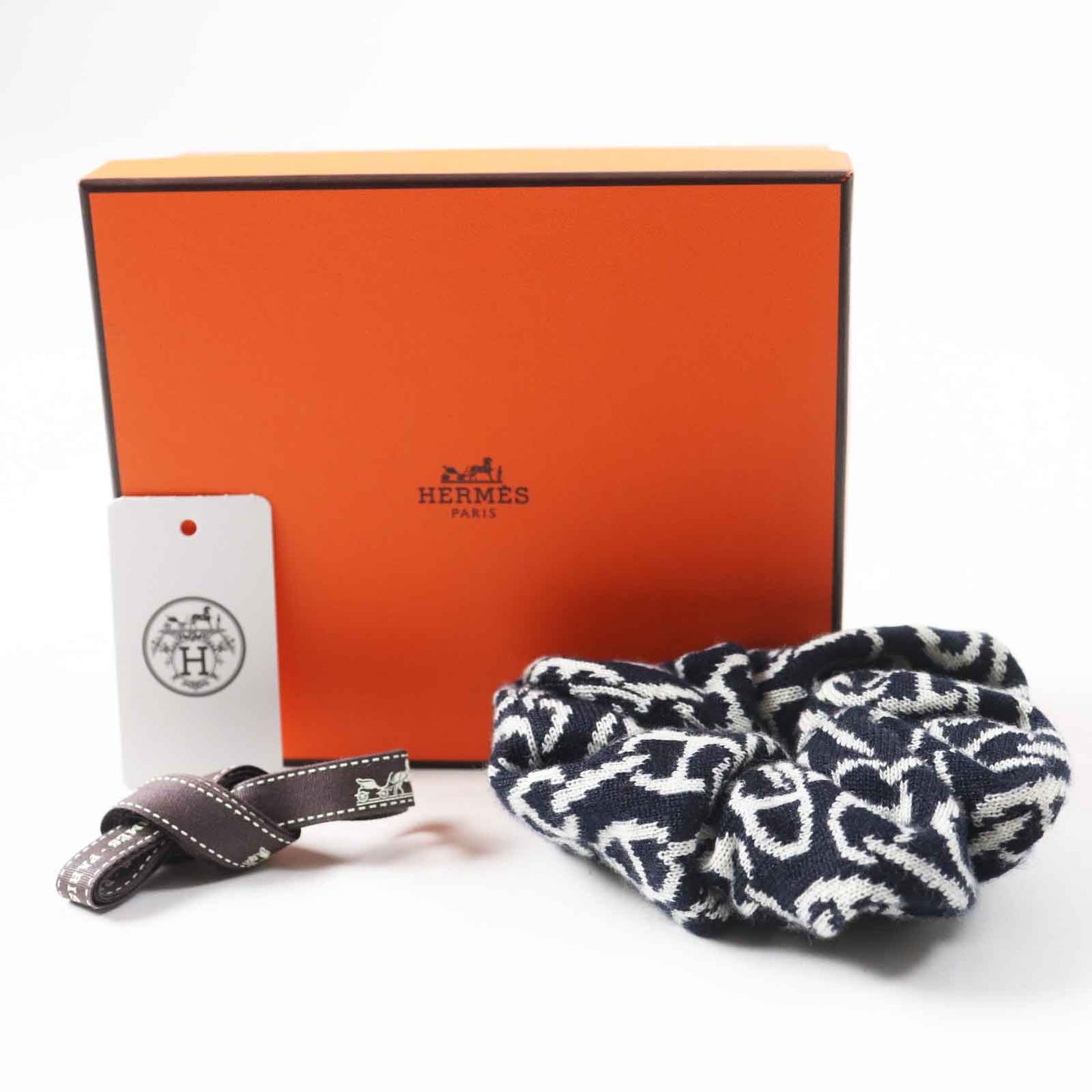 HERMES hair accessory Main: Cashmere, Main: Silk Navy white Claudia Women Used