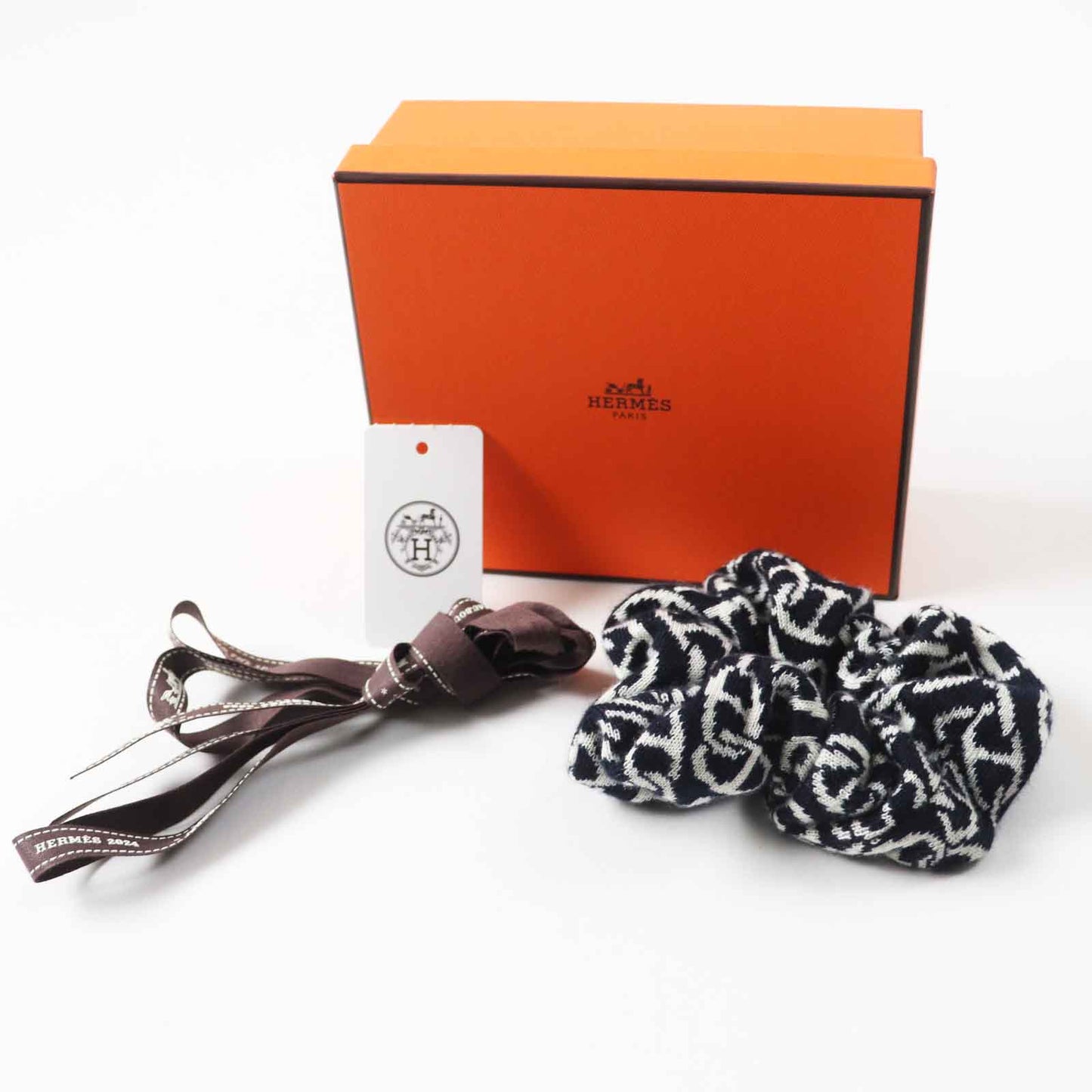 HERMES hair accessory Main: Cashmere, Main: Silk Navy white Claudia Women Used