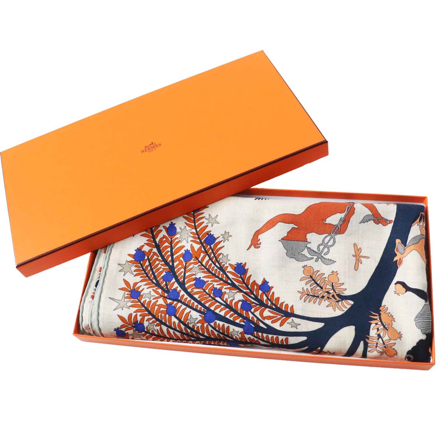 HERMES Stall Main: 70% cashmere, Main: 30% silk Terracotta White Carre140 Caregean Under the Charm of Orpheus Women Used