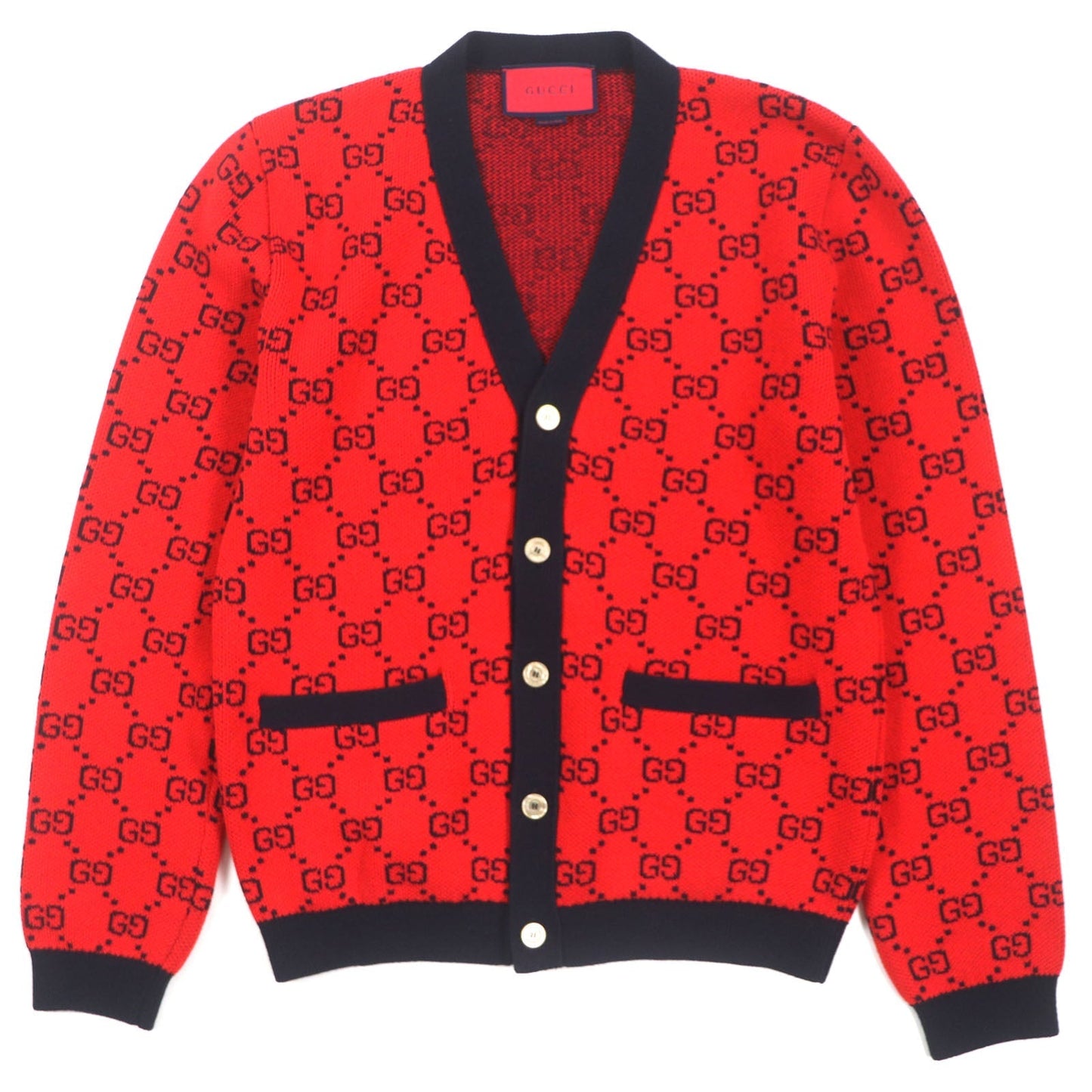 GUCCI cardigan 661156 Main: 54% wool, Main: 46% cotton, Part: 52% wool, Part: 45% cotton, Part: 2% nylon Red black mens M Used