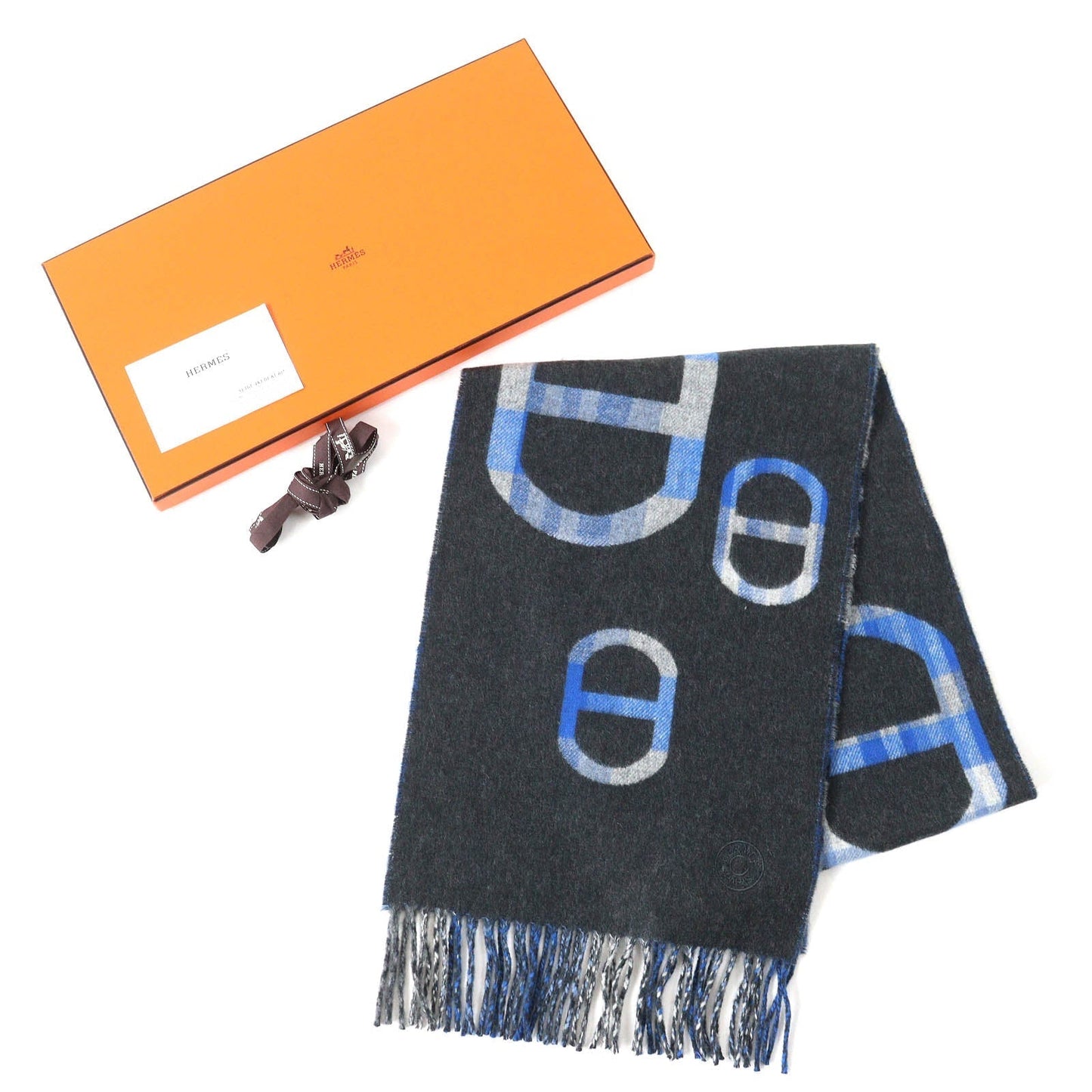 HERMES Scarf Main: 100% cashmere Anthracite/Blue tartan maillon Women Used
