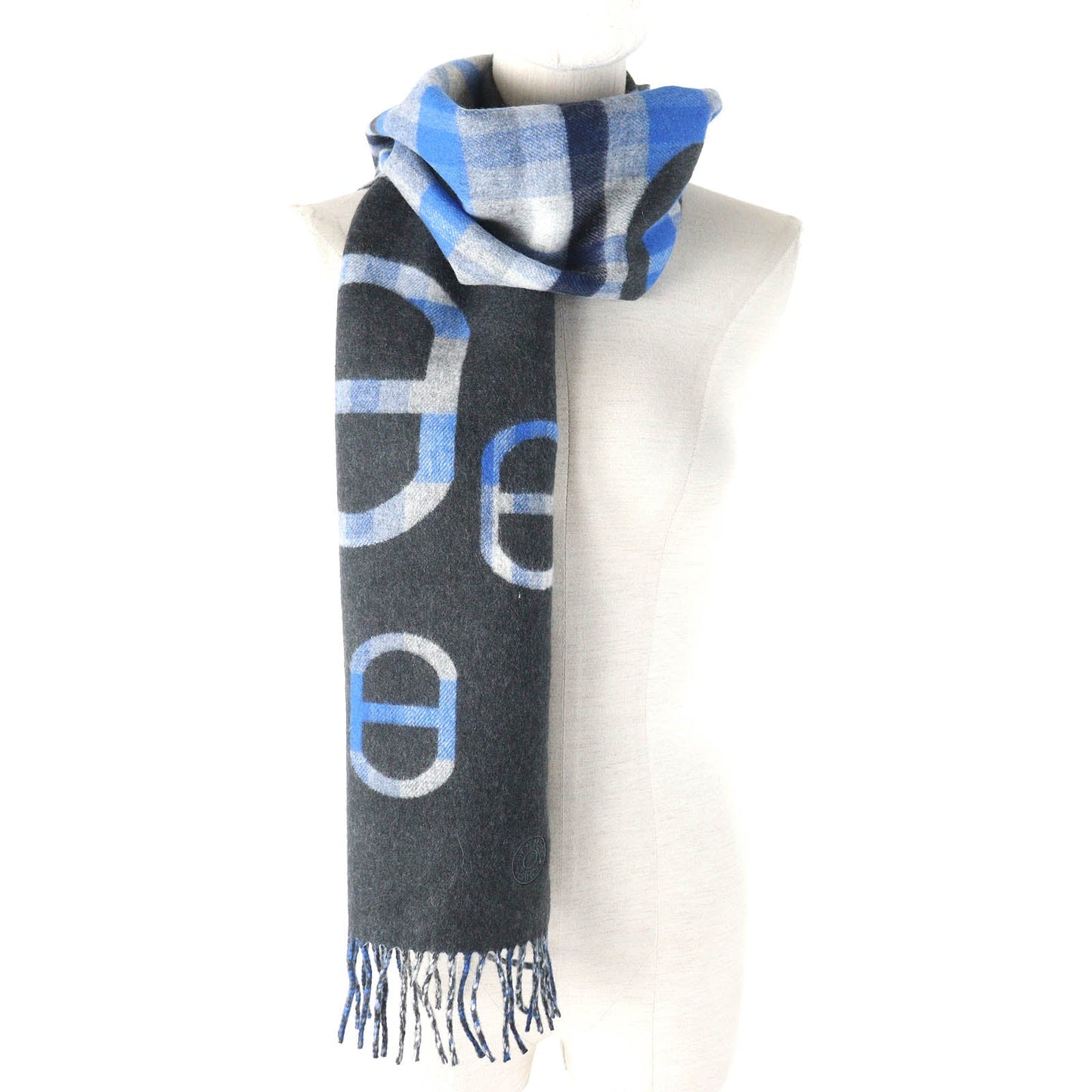 HERMES Scarf Main: 100% cashmere Anthracite/Blue tartan maillon Women Used