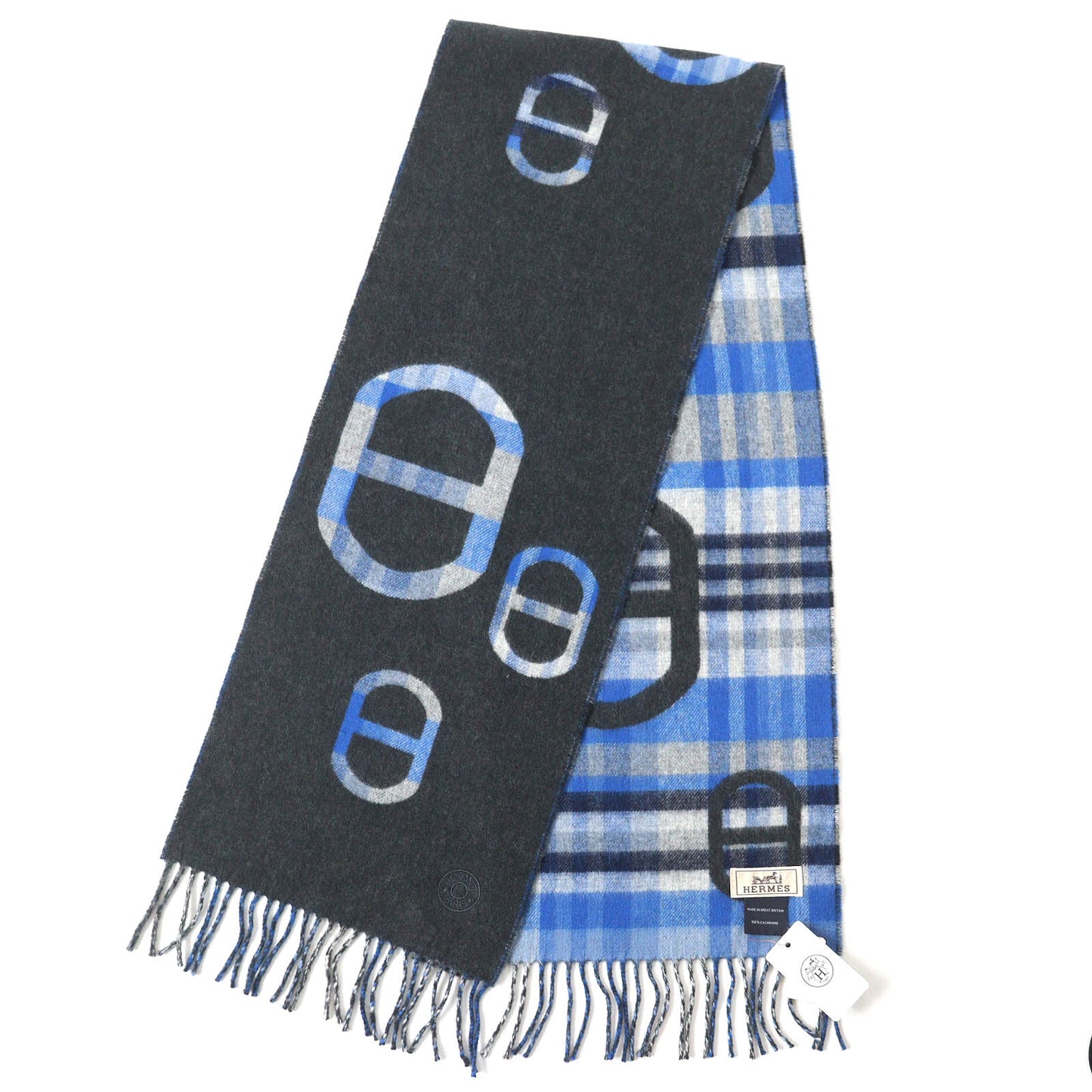 HERMES Scarf Main: 100% cashmere Anthracite/Blue tartan maillon Women Used