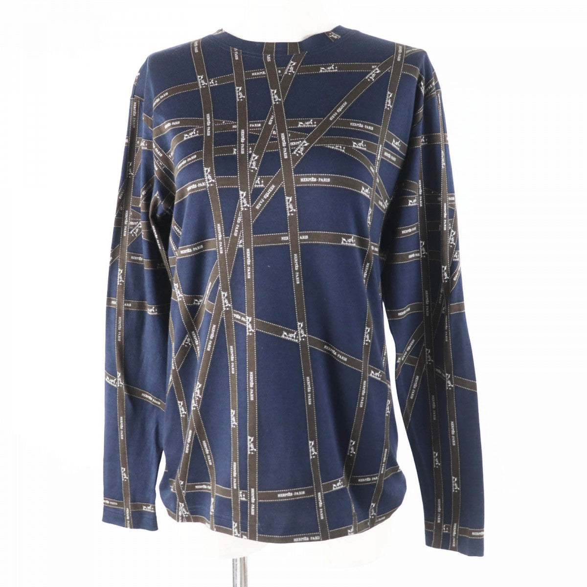 HERMES Long-sleeved T-shirt cotton Navy brown Bolduc Ribbon Pattern S