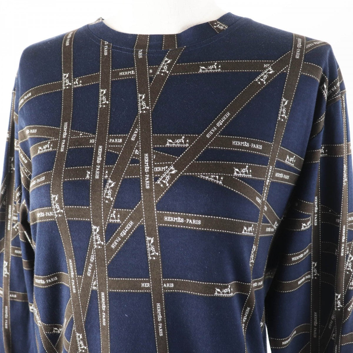 HERMES Long-sleeved T-shirt cotton Navy brown Bolduc Ribbon Pattern S