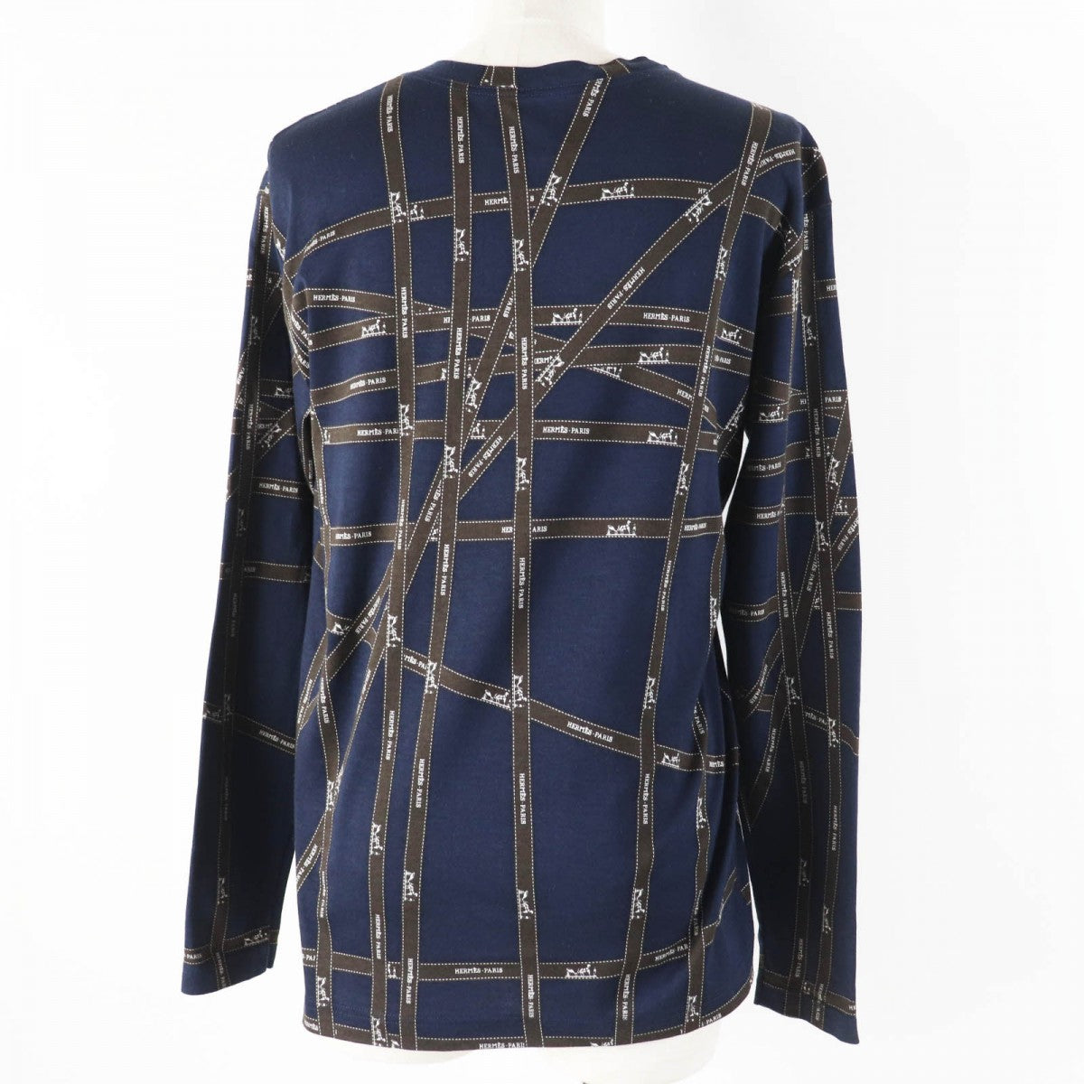 HERMES Long-sleeved T-shirt cotton Navy brown Bolduc Ribbon Pattern S