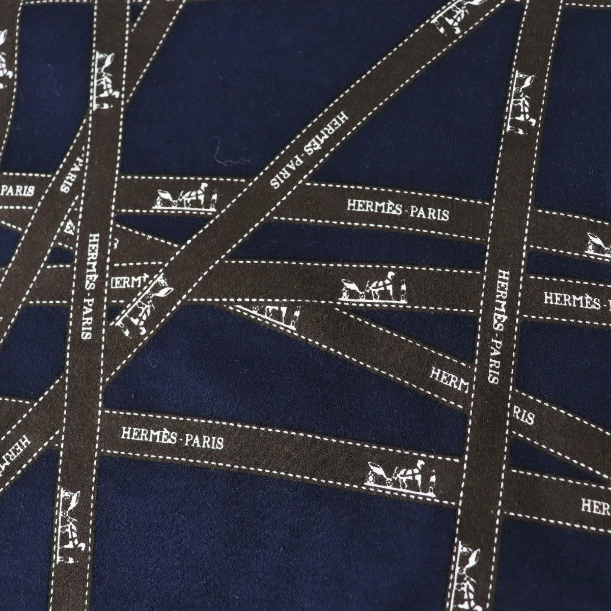 HERMES Long-sleeved T-shirt cotton Navy brown Bolduc Ribbon Pattern S