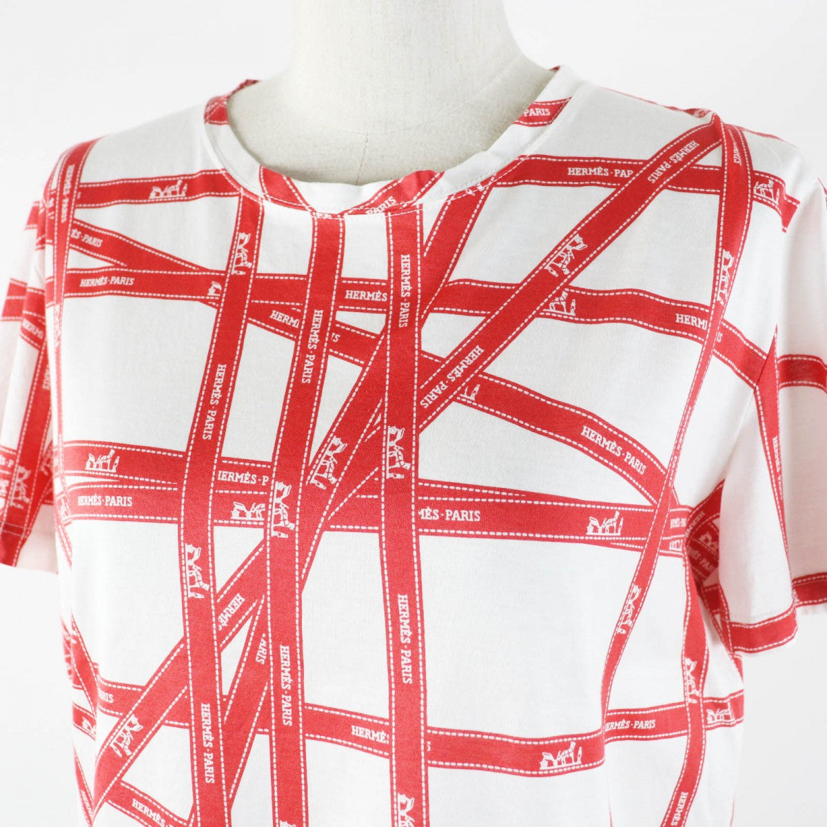 HERMES Short sleeve T-shirt cotton White red Margiela period Bolduc Ribbon Pattern