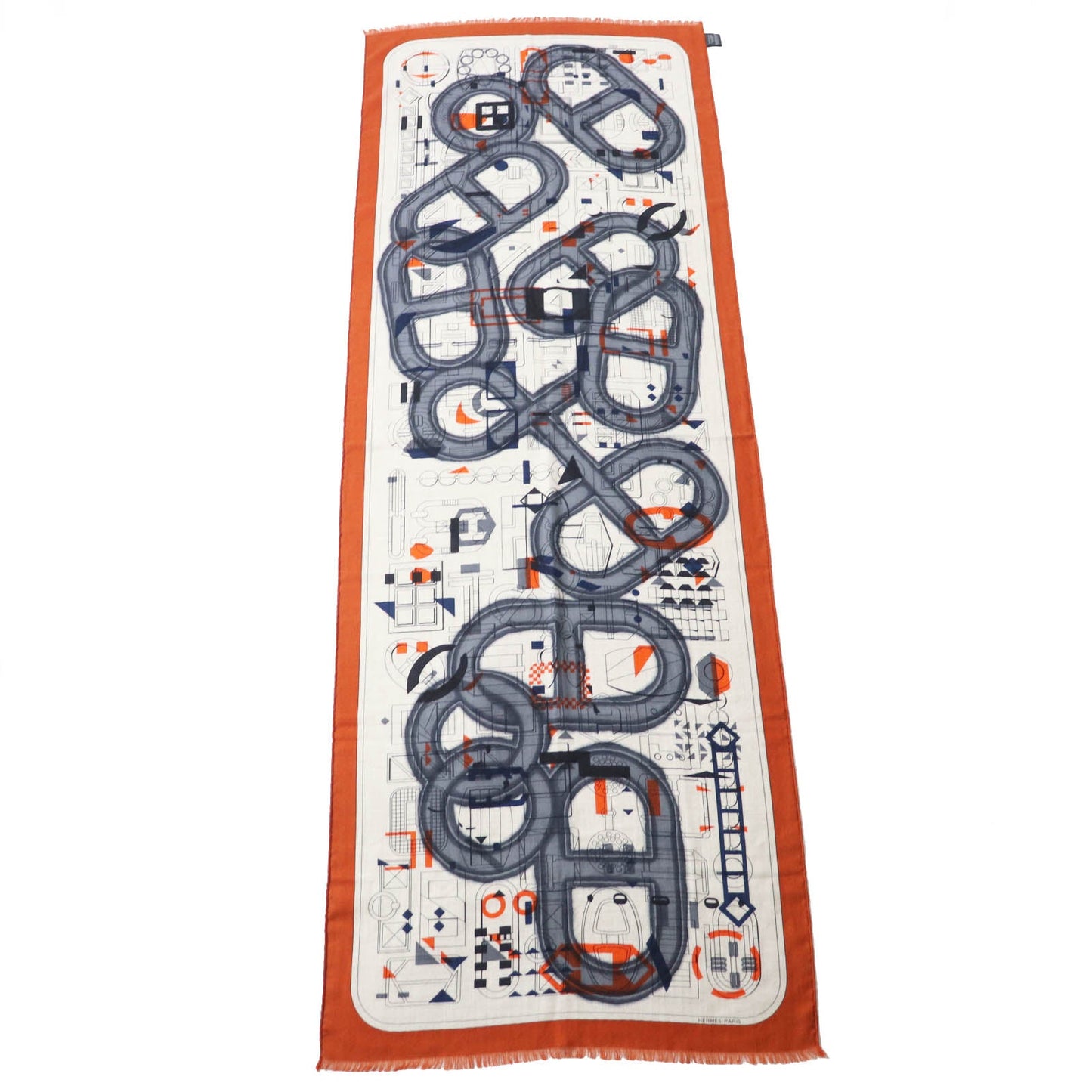 HERMES Stall Main: 70% cashmere, Main: 30% silk Etoupe/Orange/Indigo Rectangle Ampremour Fleur mens Used