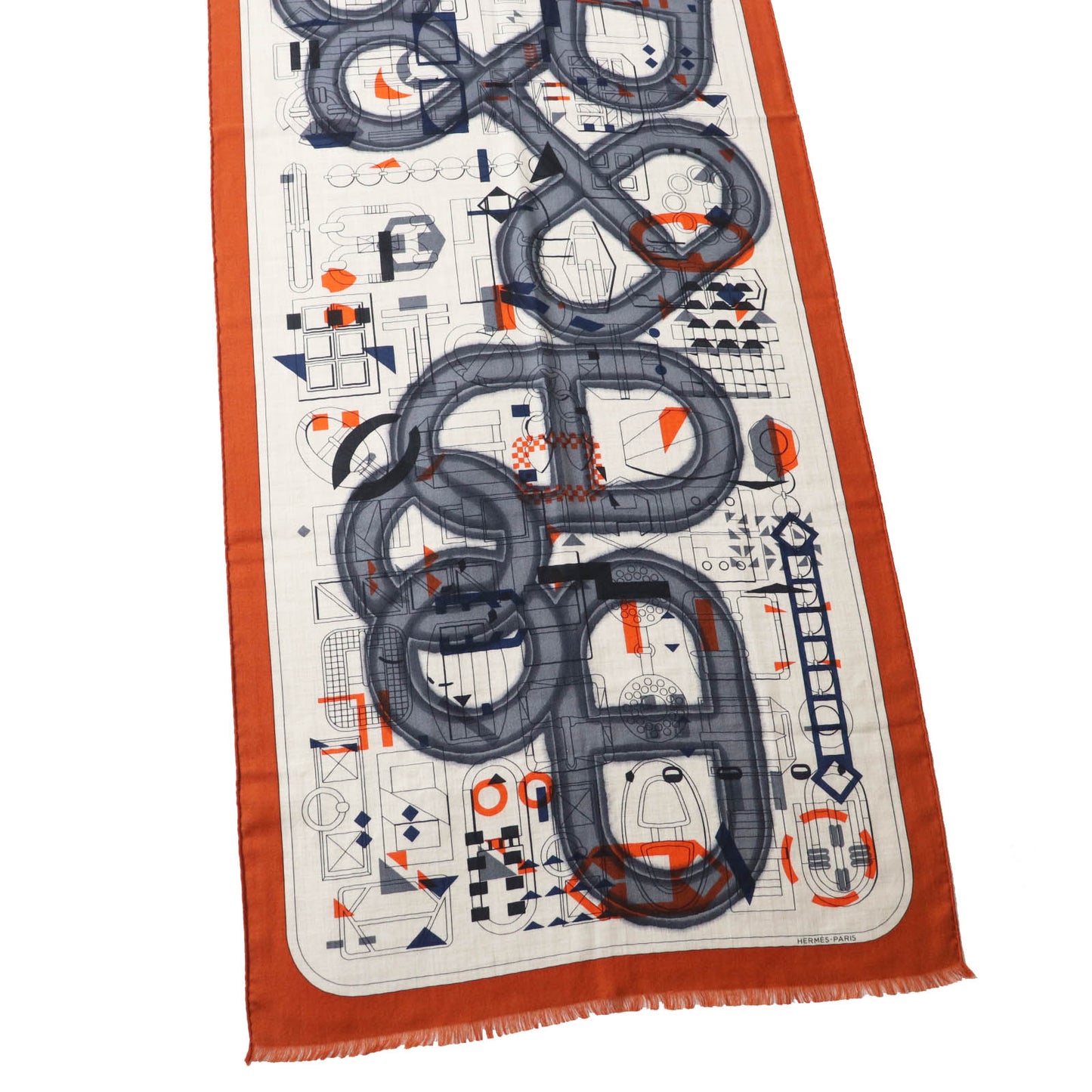 HERMES Stall Main: 70% cashmere, Main: 30% silk Etoupe/Orange/Indigo Rectangle Ampremour Fleur mens Used