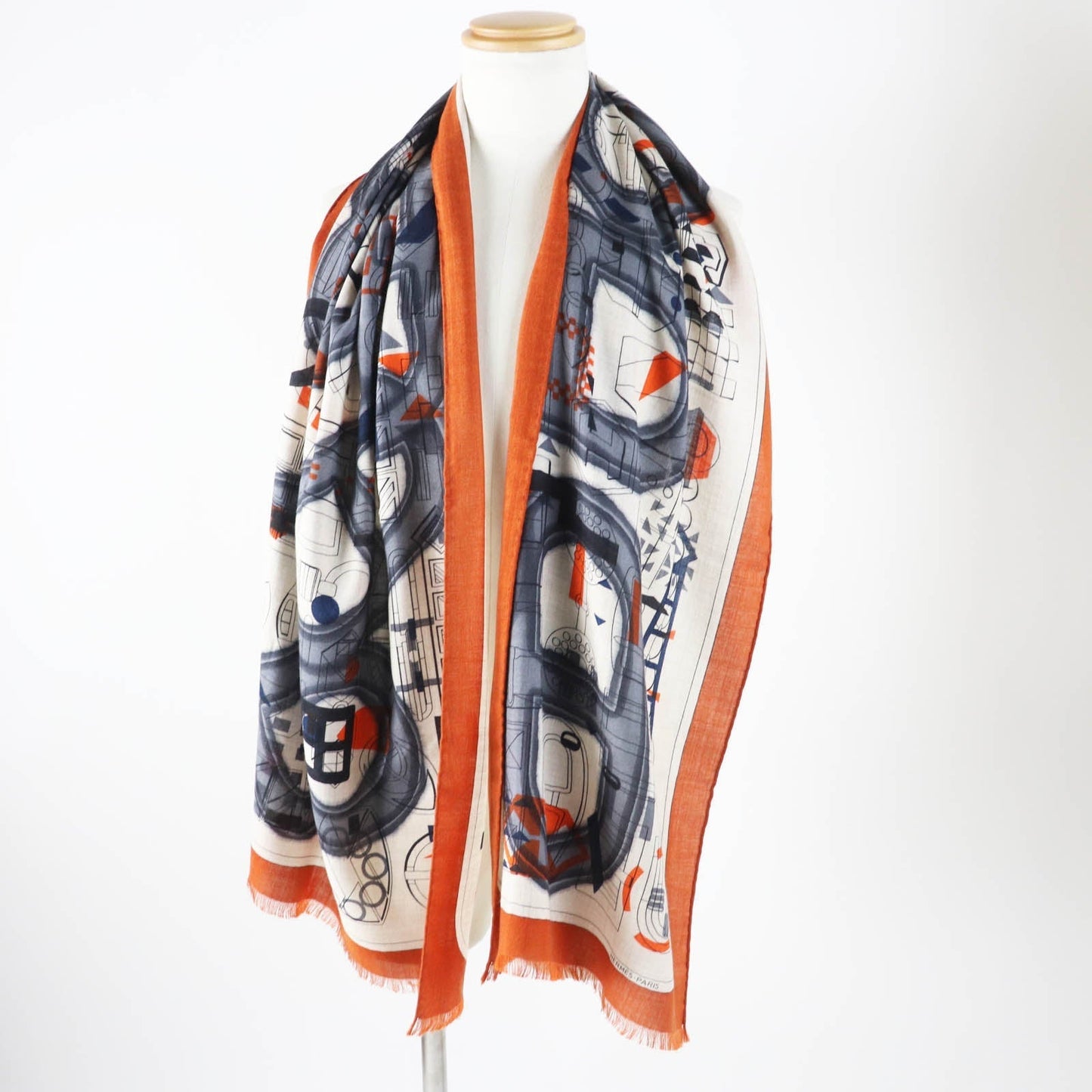 HERMES Stall Main: 70% cashmere, Main: 30% silk Etoupe/Orange/Indigo Rectangle Ampremour Fleur mens Used