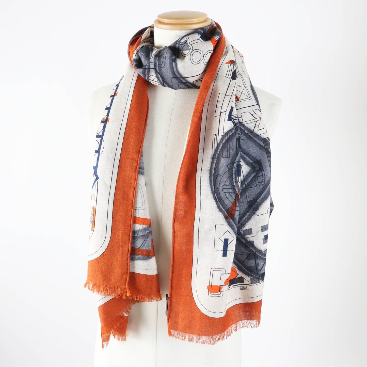 HERMES Stall Main: 70% cashmere, Main: 30% silk Etoupe/Orange/Indigo Rectangle Ampremour Fleur mens Used