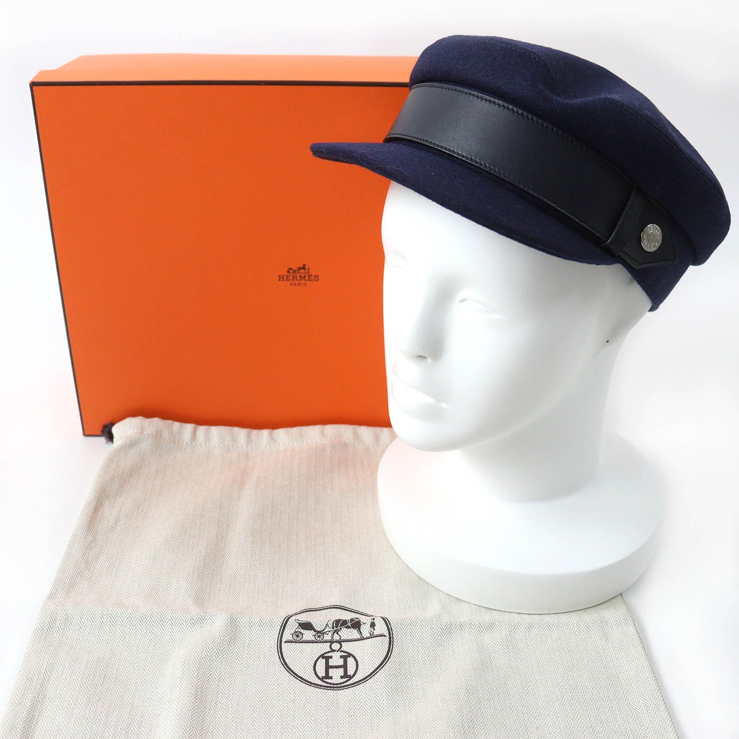 HERMES Casquette Outer: 82% wool, Outer: 18% nylon, Leather part: sheepskin, Lining: 65% rayon, Lining: 35% silk Navy Saint-Malo Women Used