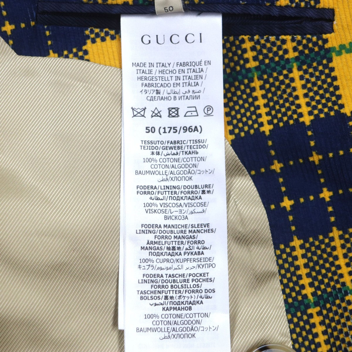 GUCCI tailored jacket 714971 Main: 100% cotton, Lining: 100% rayon, Sleeve lining: 100% cupra, Lining: 100% cotton yellow Double-Breasted Checked Cotton-Corduroy Blazer mens 50 Used
