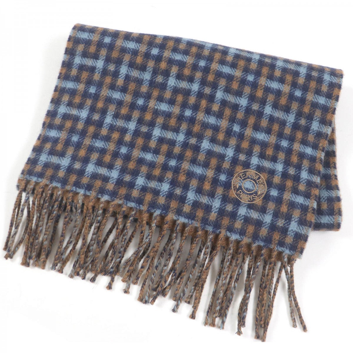 HERMES Scarf cashmere Blue type H ecoce rectoverso