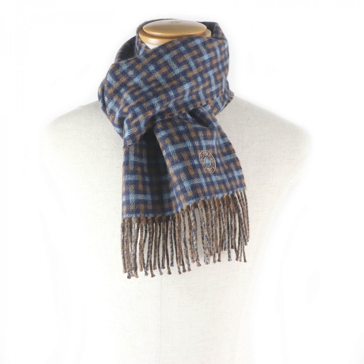 HERMES Scarf cashmere Blue type H ecoce rectoverso