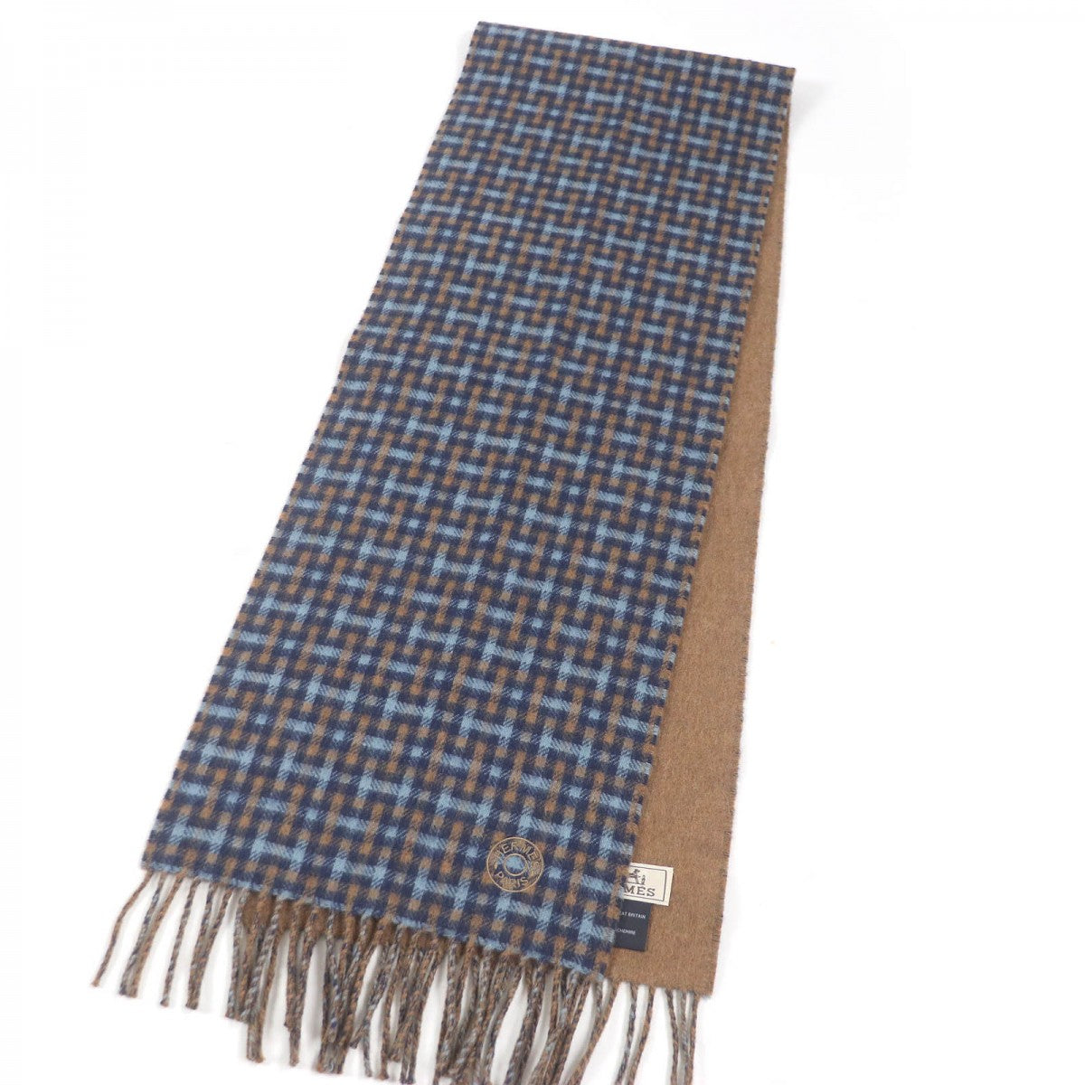 HERMES Scarf cashmere Blue type H ecoce rectoverso