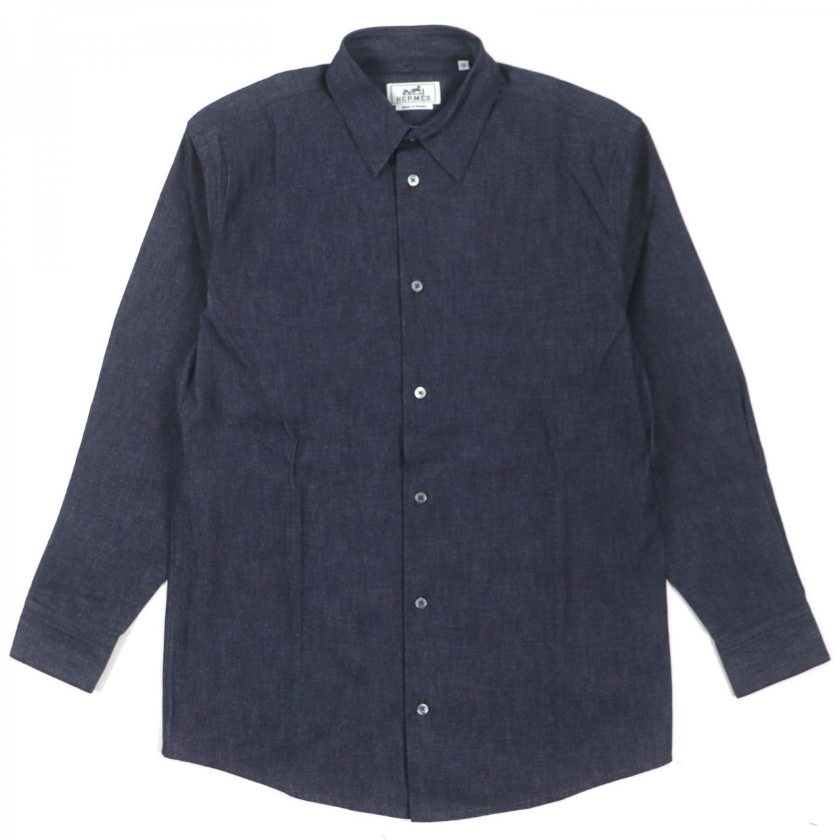 HERMES Long sleeve shirt Main: 100% cotton, Leather part: Sheepskin Indigo mens 38 Used