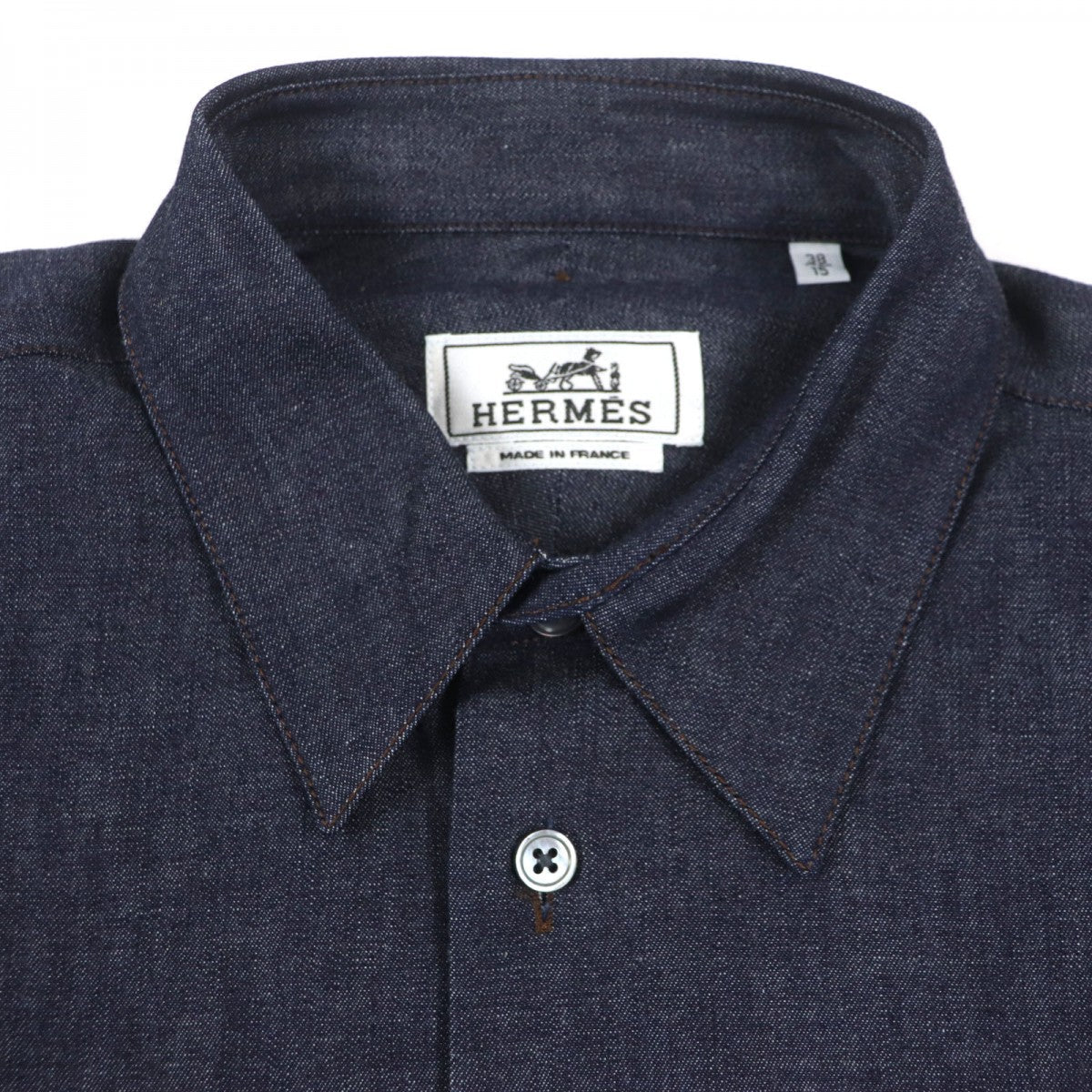 HERMES Long sleeve shirt Main: 100% cotton, Leather part: Sheepskin Indigo mens 38 Used