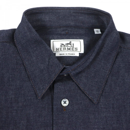 HERMES Long sleeve shirt Main: 100% cotton, Leather part: Sheepskin Indigo mens 38 Used