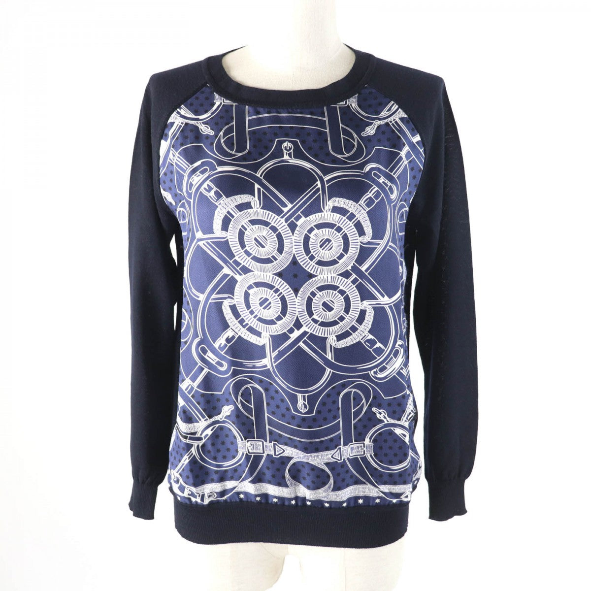 HERMES knit Main: 100% wool, Part: 100% silk Navy Eperon d'or Tellier Golden Spur Women 36 Used