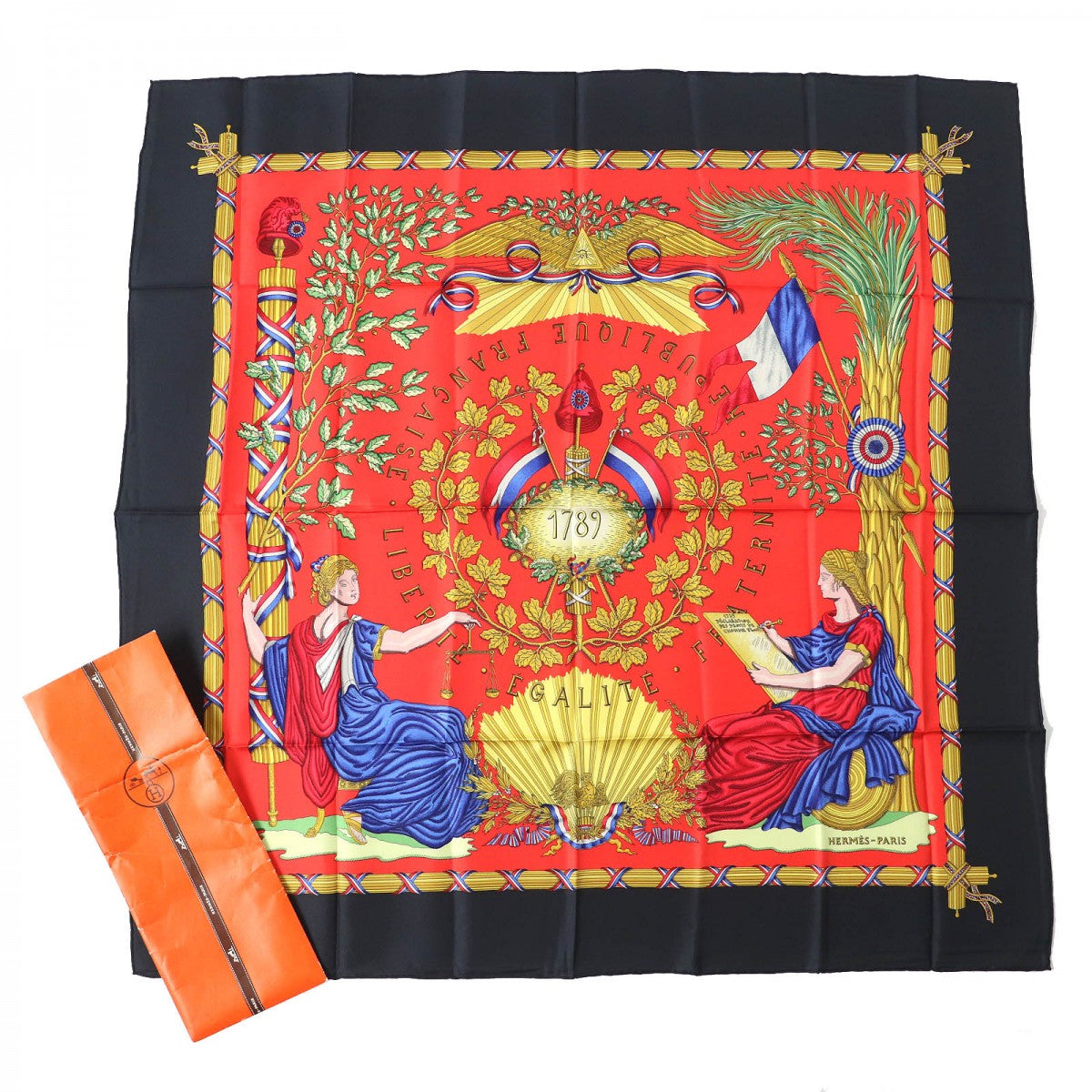 HERMES scarf Main: 100% silk black red multicolor 1789 LIBERTE EGALITE FRATERNITE REPUBLIQUE FRANCAISE 1789 Commemorating the French Revolution Women Used