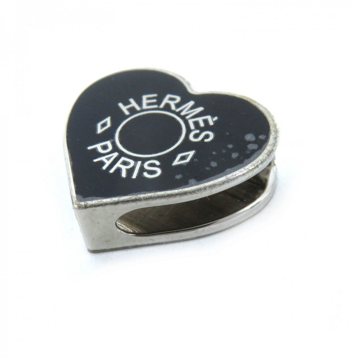 HERMES Scarf ring �\ Metal Black Silver Cool heart Women Used