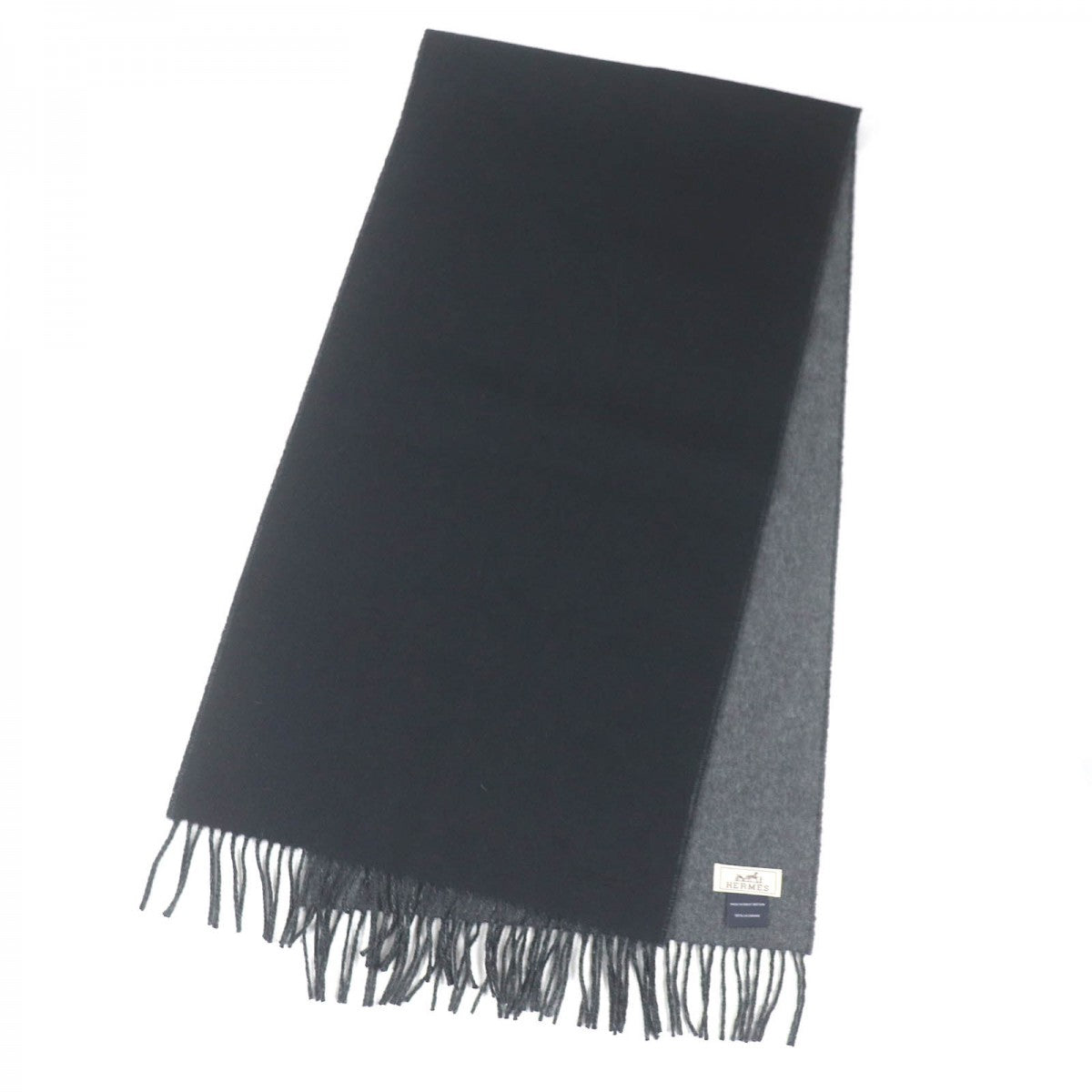 HERMES Scarf H393800T cashmere Black Grey Recto Verso