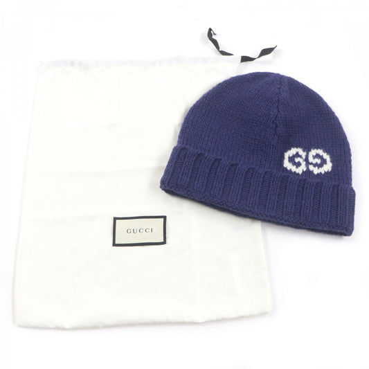 GUCCI Knit cap 602886 wool Navy GG LOGO KNIT BAENIE M