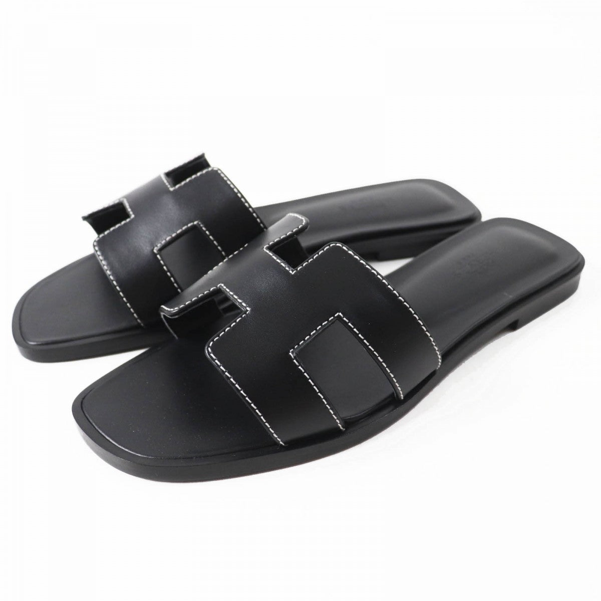 HERMES Sandals leather black Oran 37