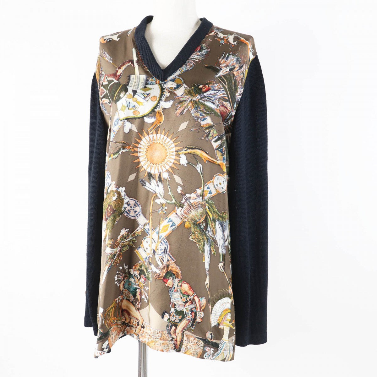 HERMES knit silk Black Brown Multi Margiela period LES DANSES DES INDIENS Indian Dance XL