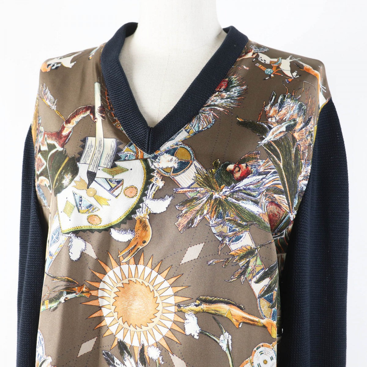 HERMES knit silk Black Brown Multi Margiela period LES DANSES DES INDIENS Indian Dance XL