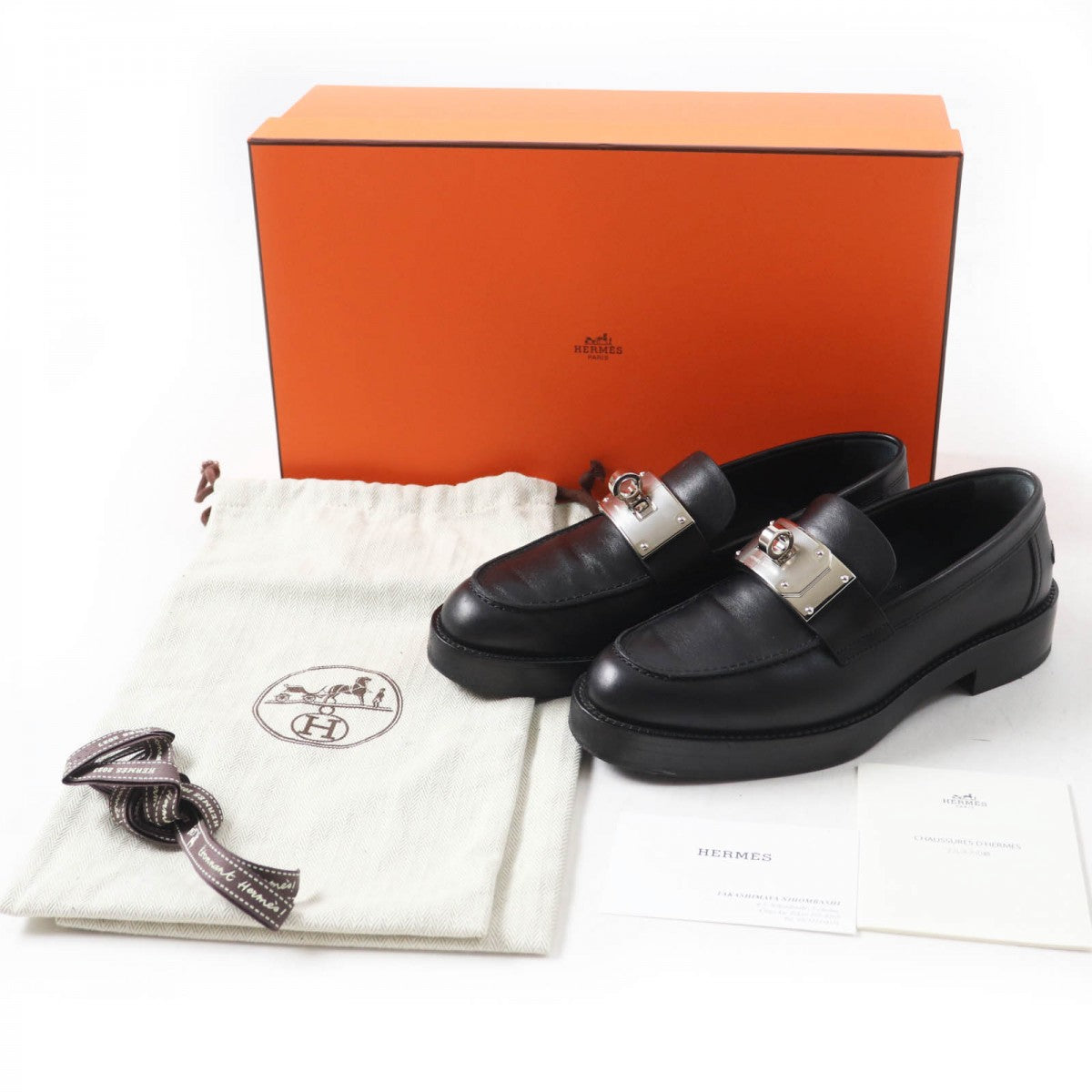 HERMES loafers leather black HOT 36