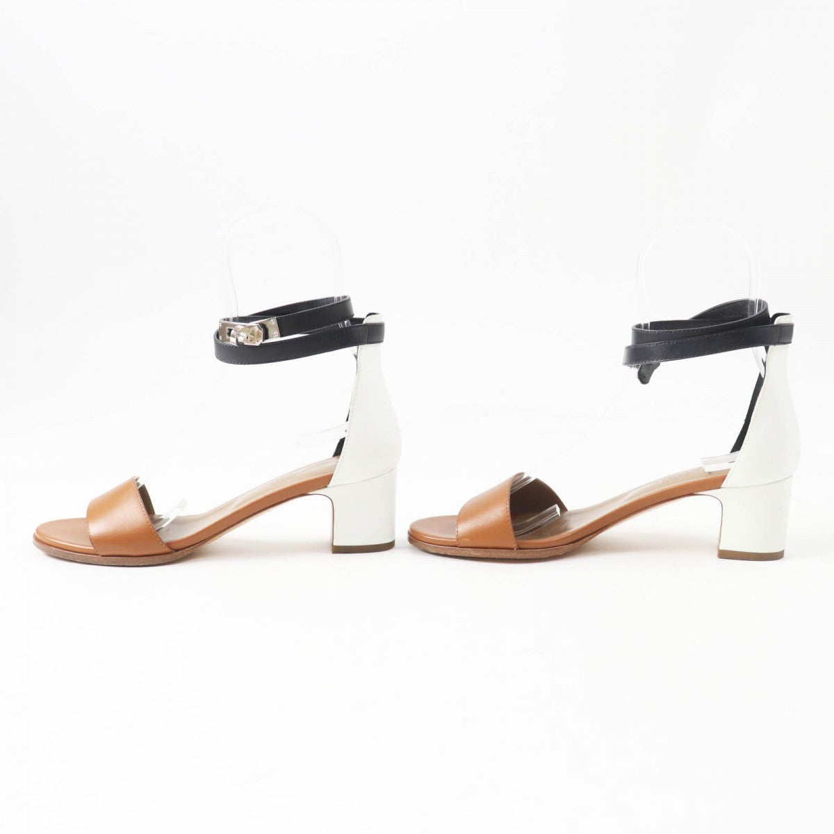 HERMES Sandals leather Brown black white Money 36.5