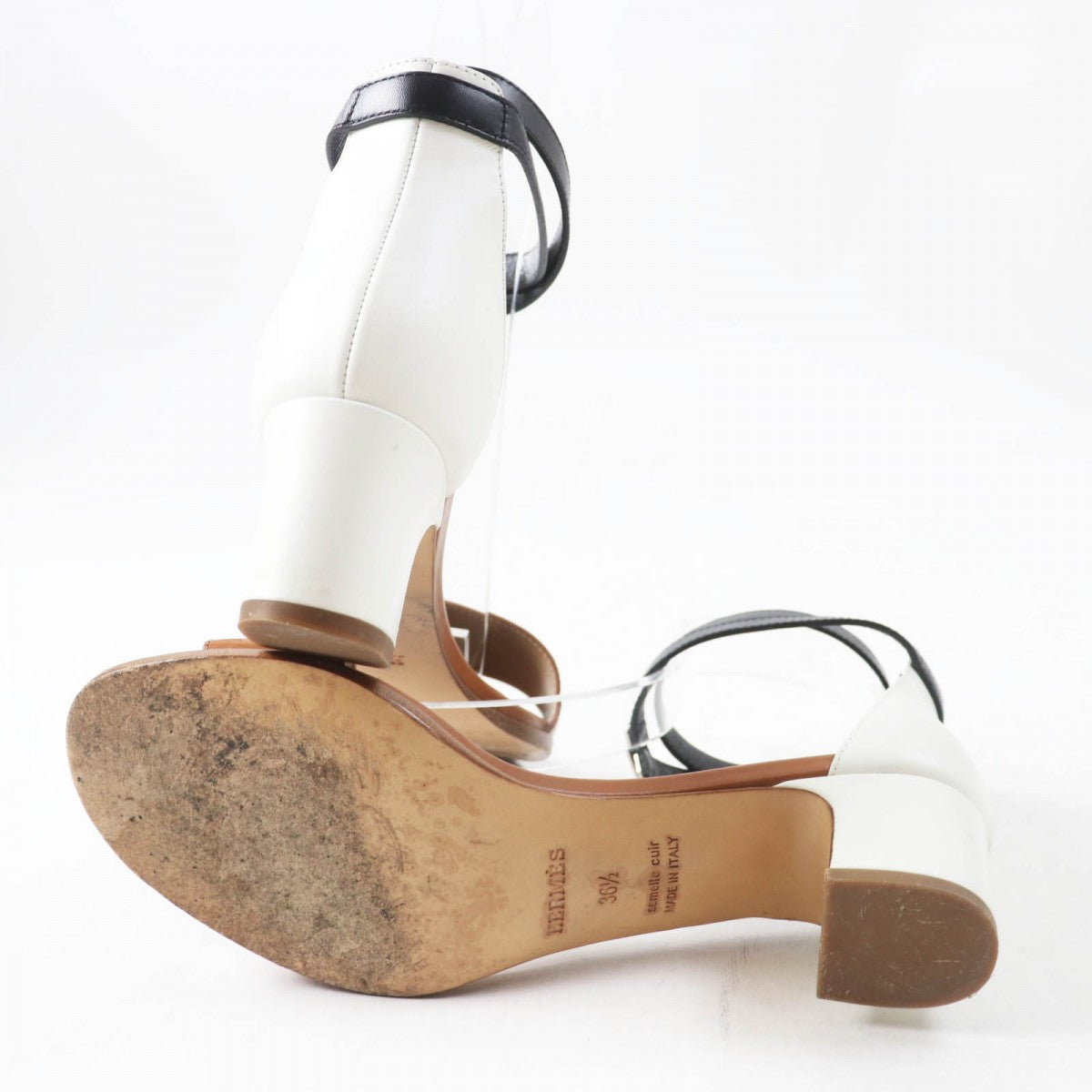 HERMES Sandals leather Brown black white Money 36.5