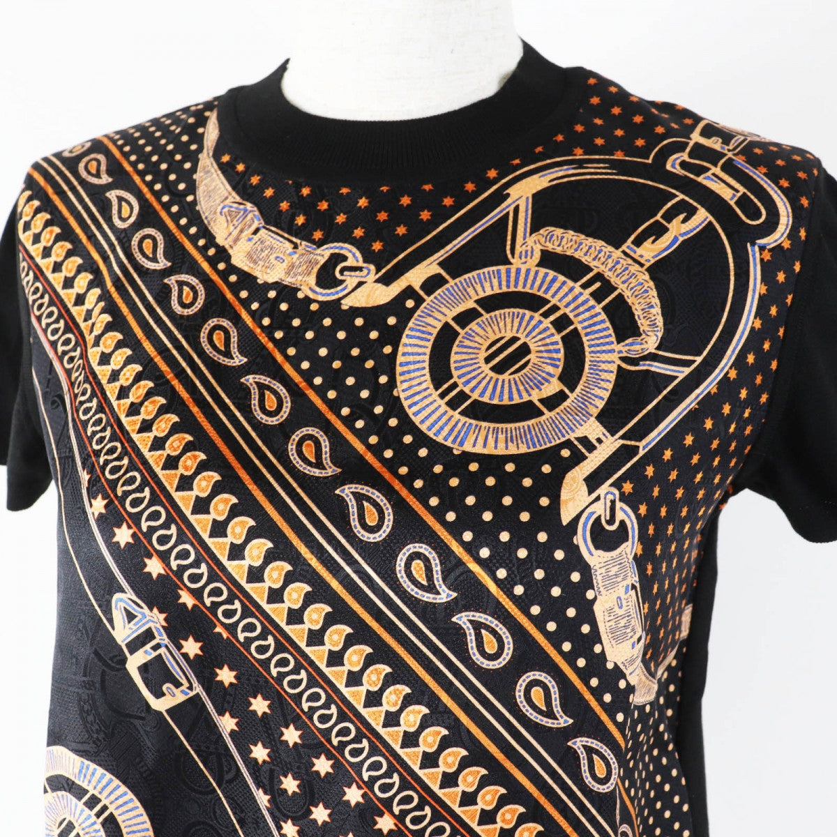 HERMES Short sleeve knit 4H2816D3 silk Black orange Apron Doll Bandana 34
