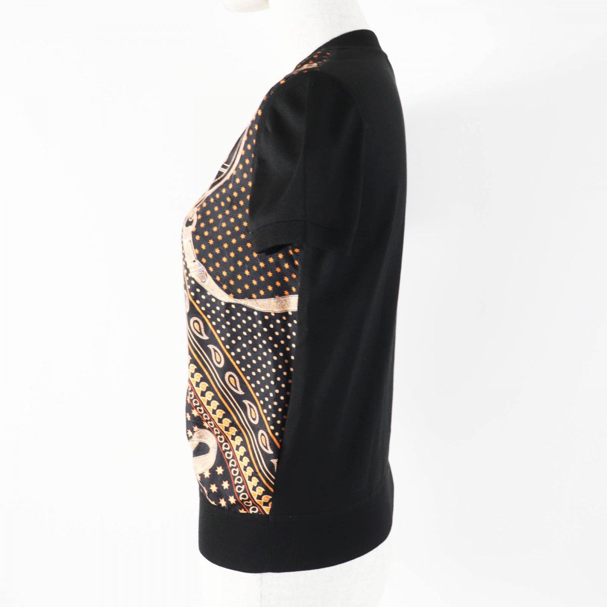 HERMES Short sleeve knit 4H2816D3 silk Black orange Apron Doll Bandana 34