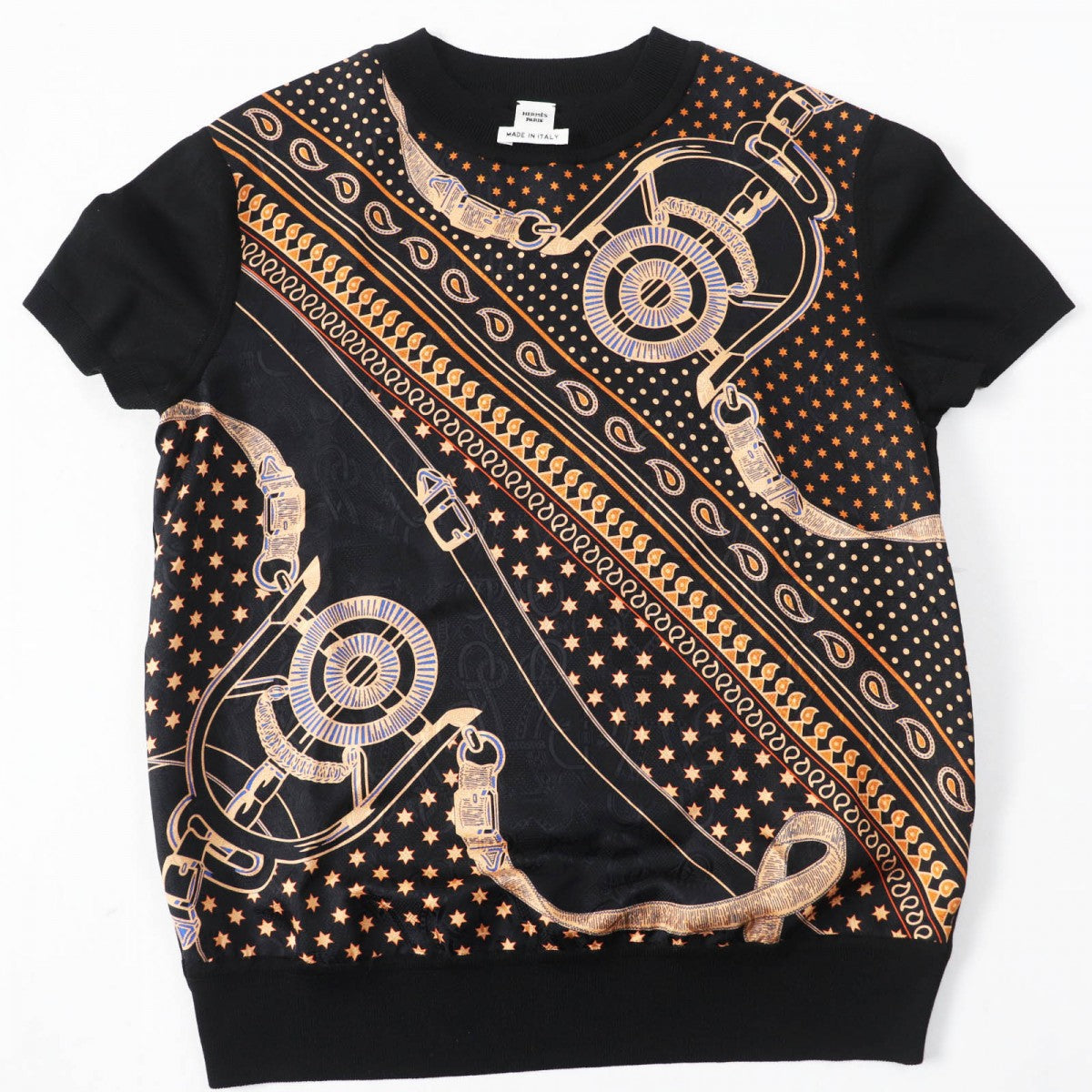 HERMES Short sleeve knit 4H2816D3 silk Black orange Apron Doll Bandana 34