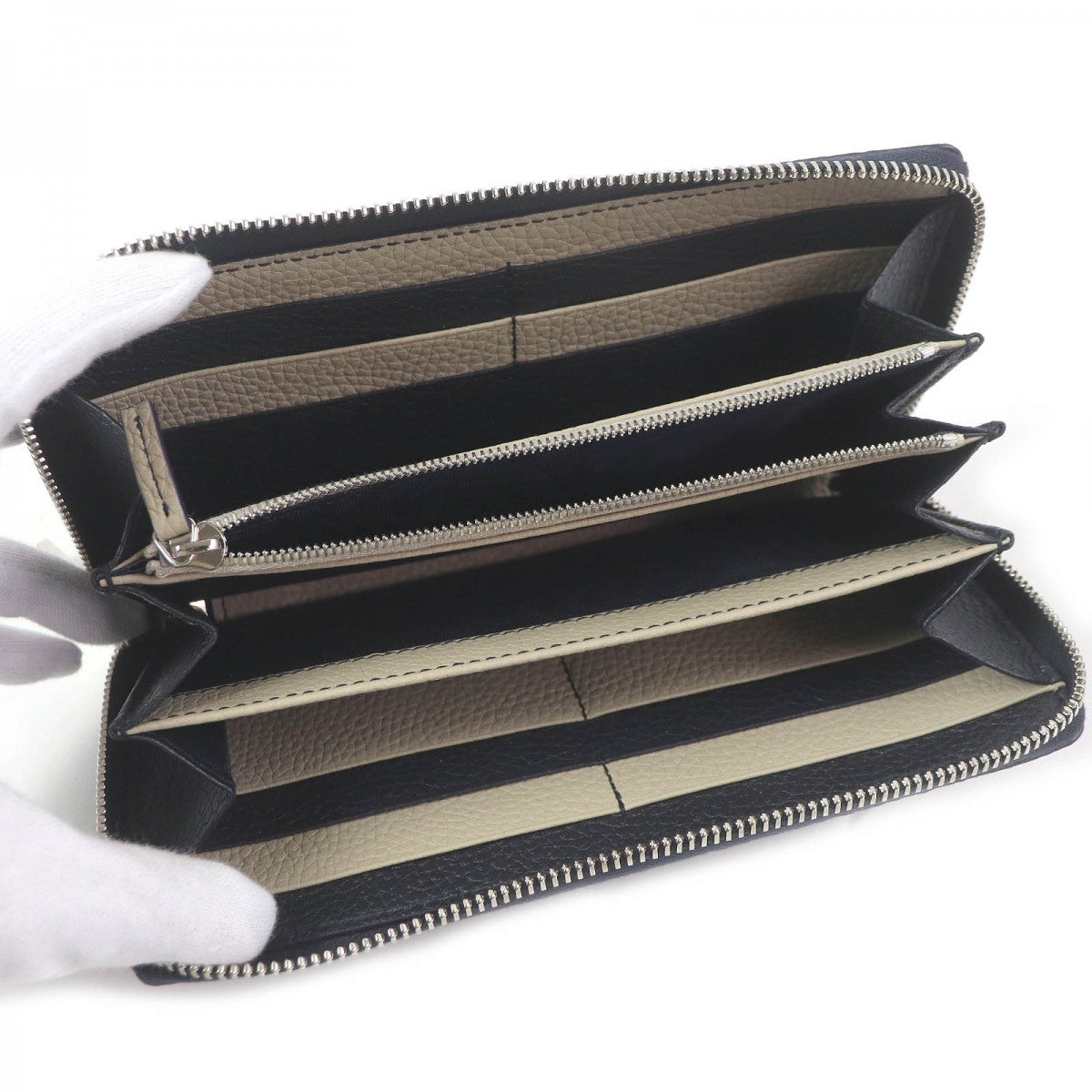 GUCCI Long Wallet Purse 817044 leather dark blue Zip Around Wallet Oatmeal Interior