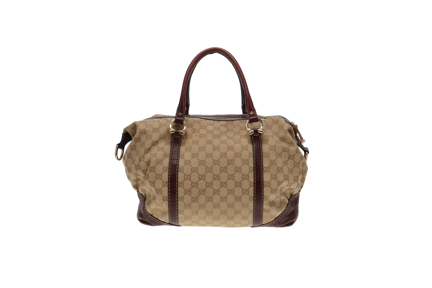 Gucci GG Canvas and Burgundy Leather Horsebit Nail Boston Bag