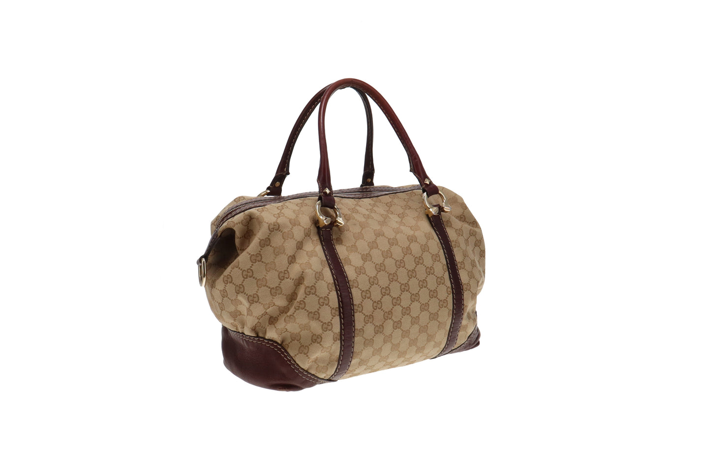Gucci GG Canvas and Burgundy Leather Horsebit Nail Boston Bag