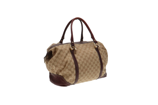 Gucci GG Canvas and Burgundy Leather Horsebit Nail Boston Bag