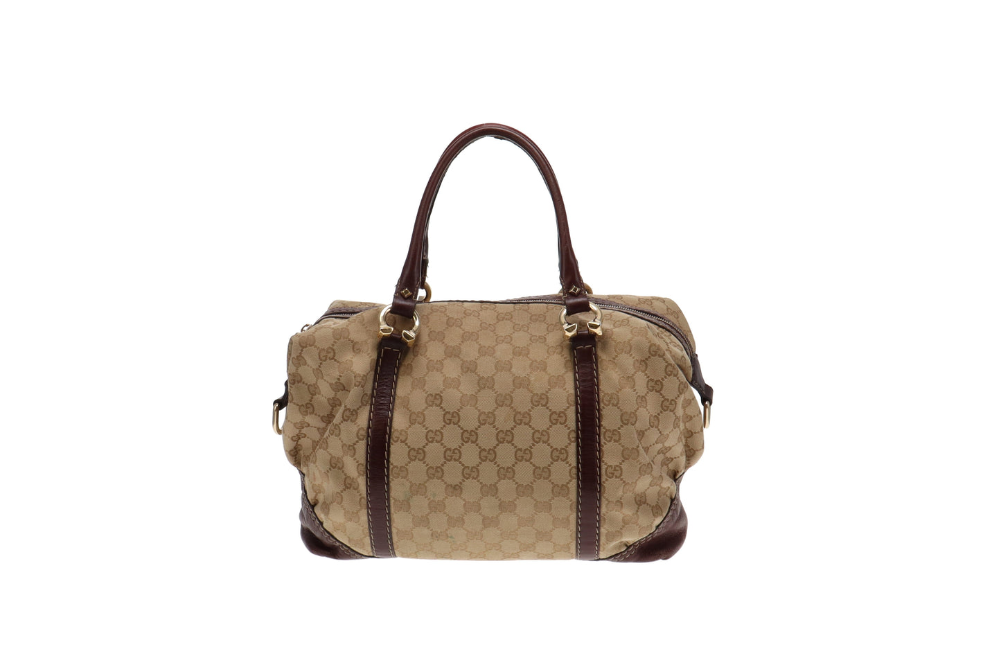 Gucci GG Canvas and Burgundy Leather Horsebit Nail Boston Bag