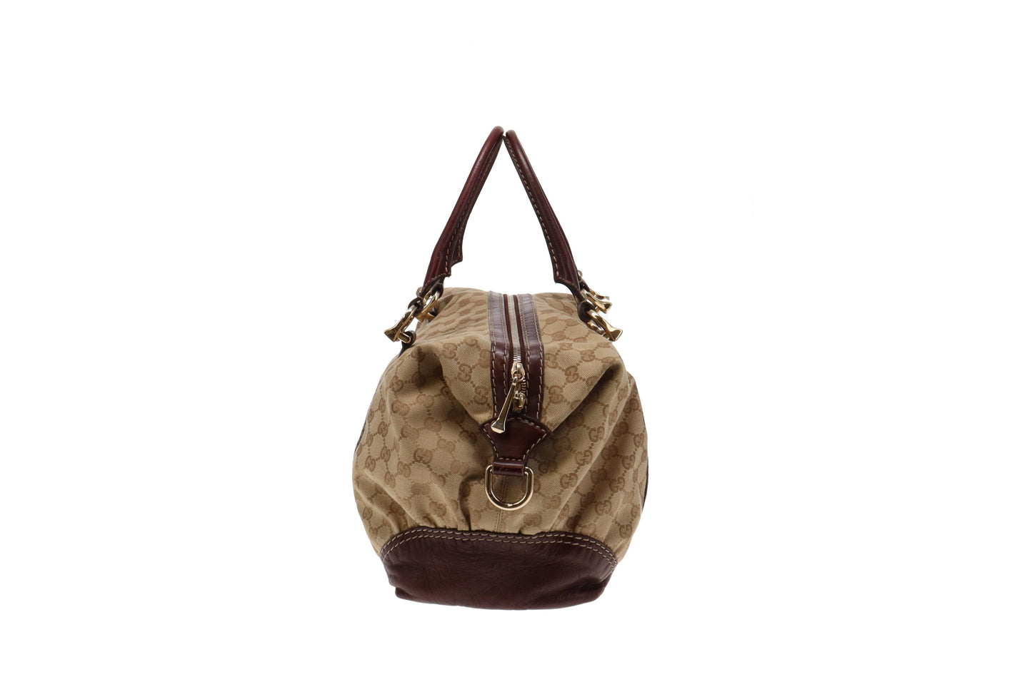 Gucci GG Canvas and Burgundy Leather Horsebit Nail Boston Bag